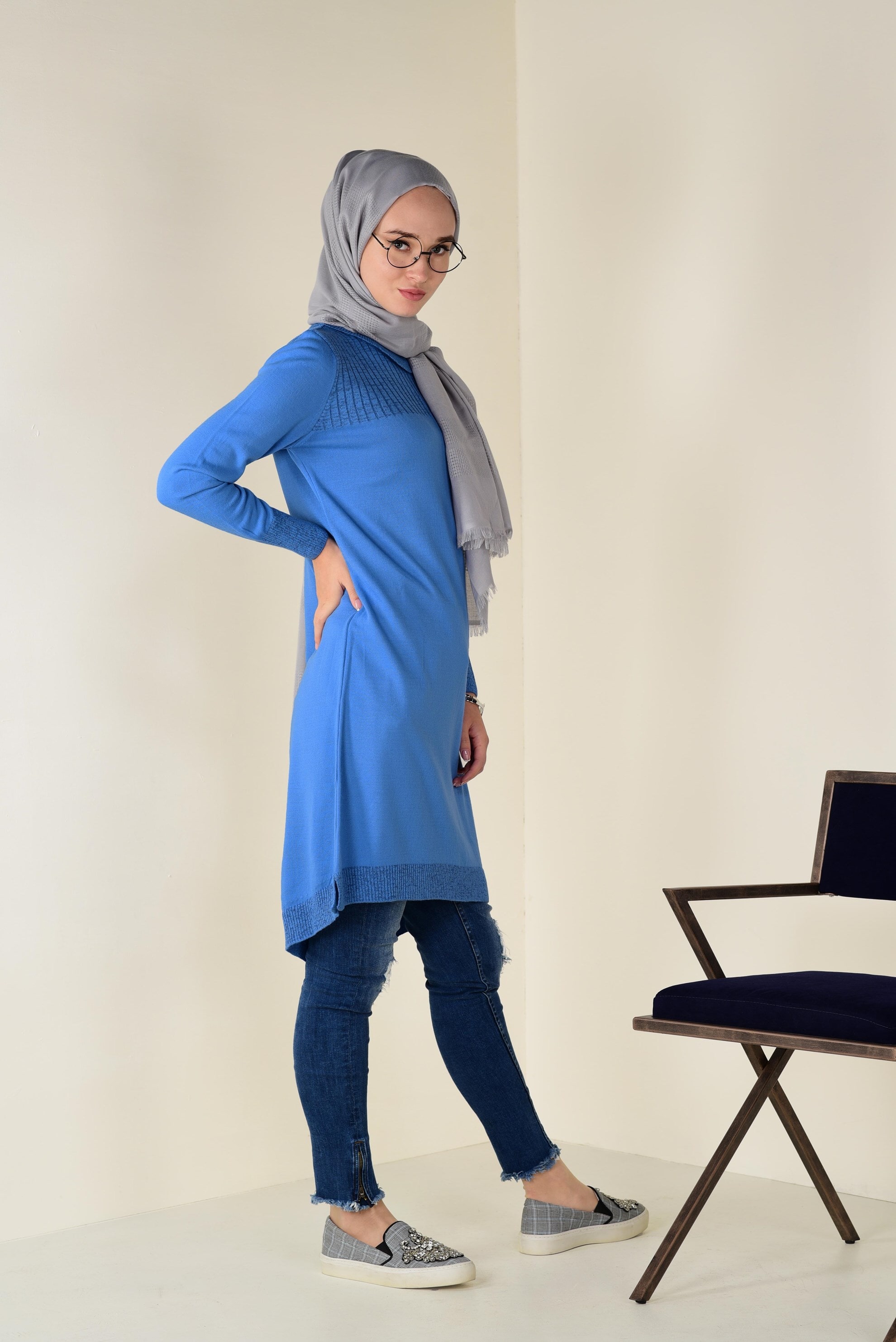 Tesettür giyim MAVİ BALIKÇI YAKA TRİKO TUNİK 4505 