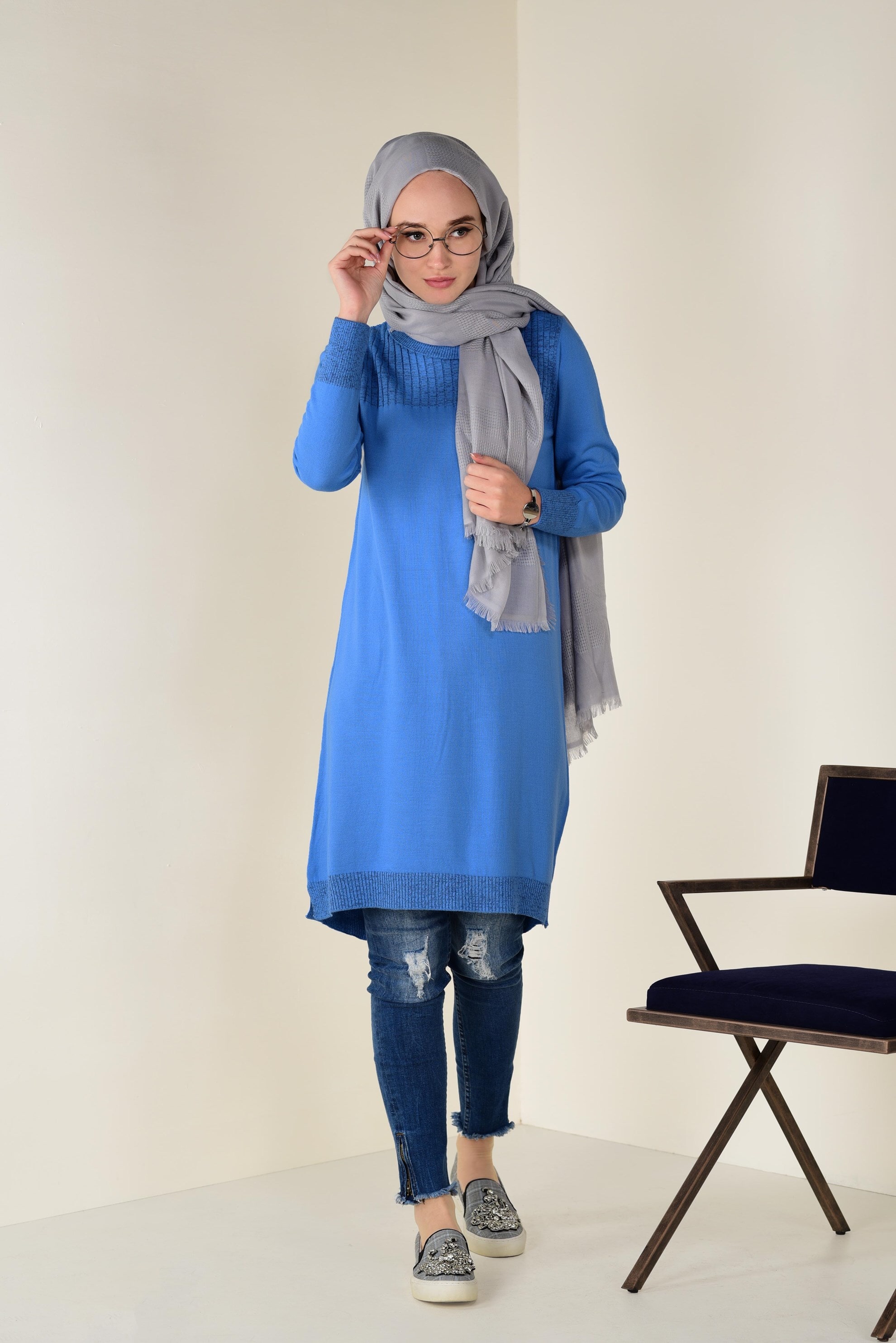 Tesettür giyim MAVİ BALIKÇI YAKA TRİKO TUNİK 4505 