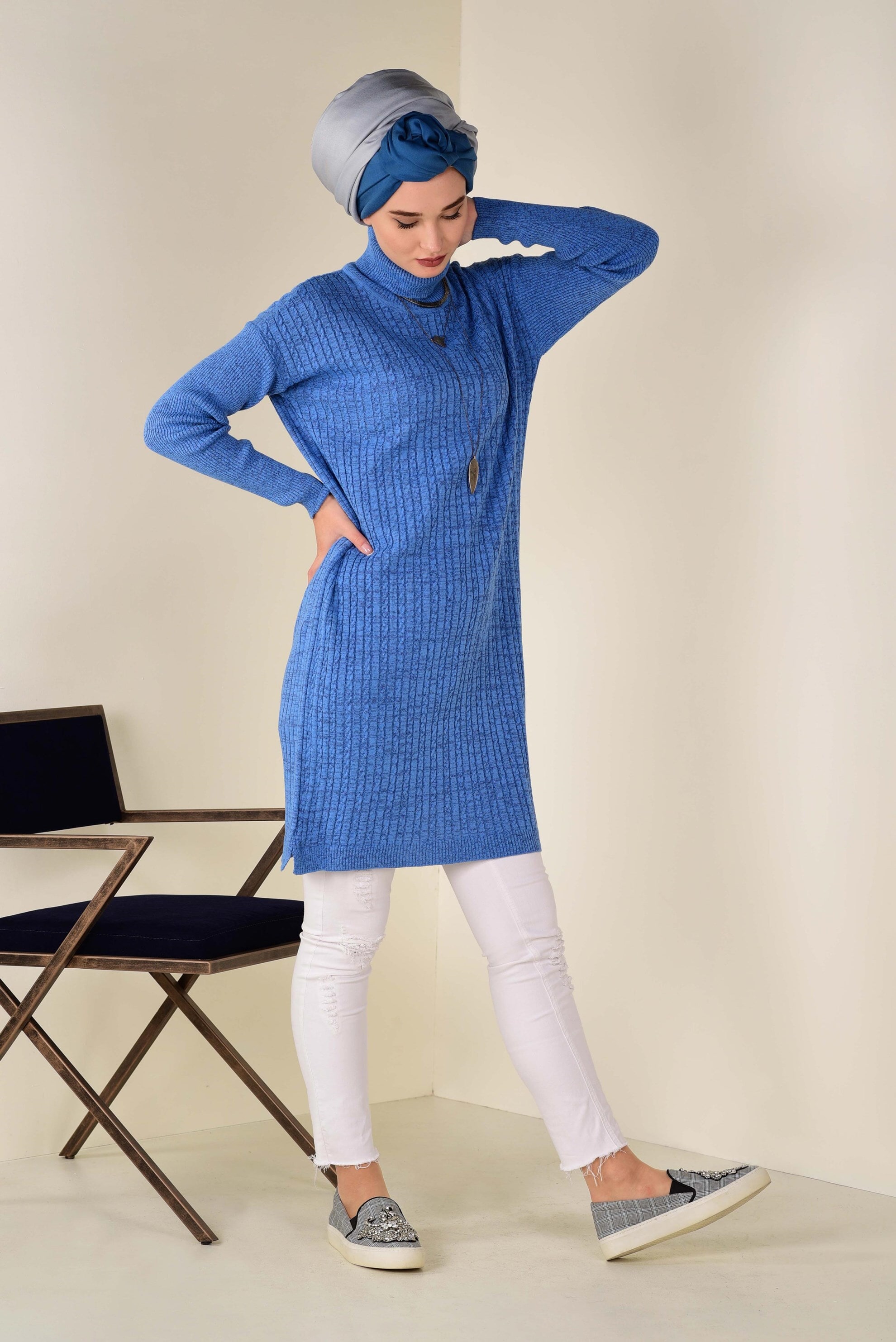 Tesettür giyim MAVİ SİMLİ TRİKO TUNİK 4506 