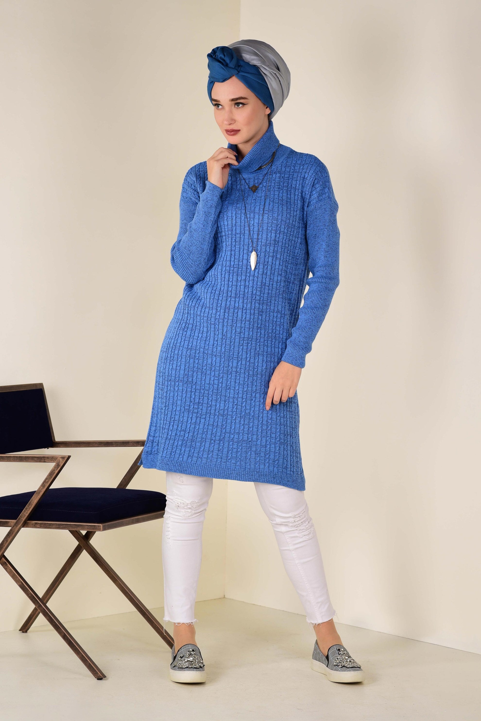 Tesettür giyim MAVİ SİMLİ TRİKO TUNİK 4506 