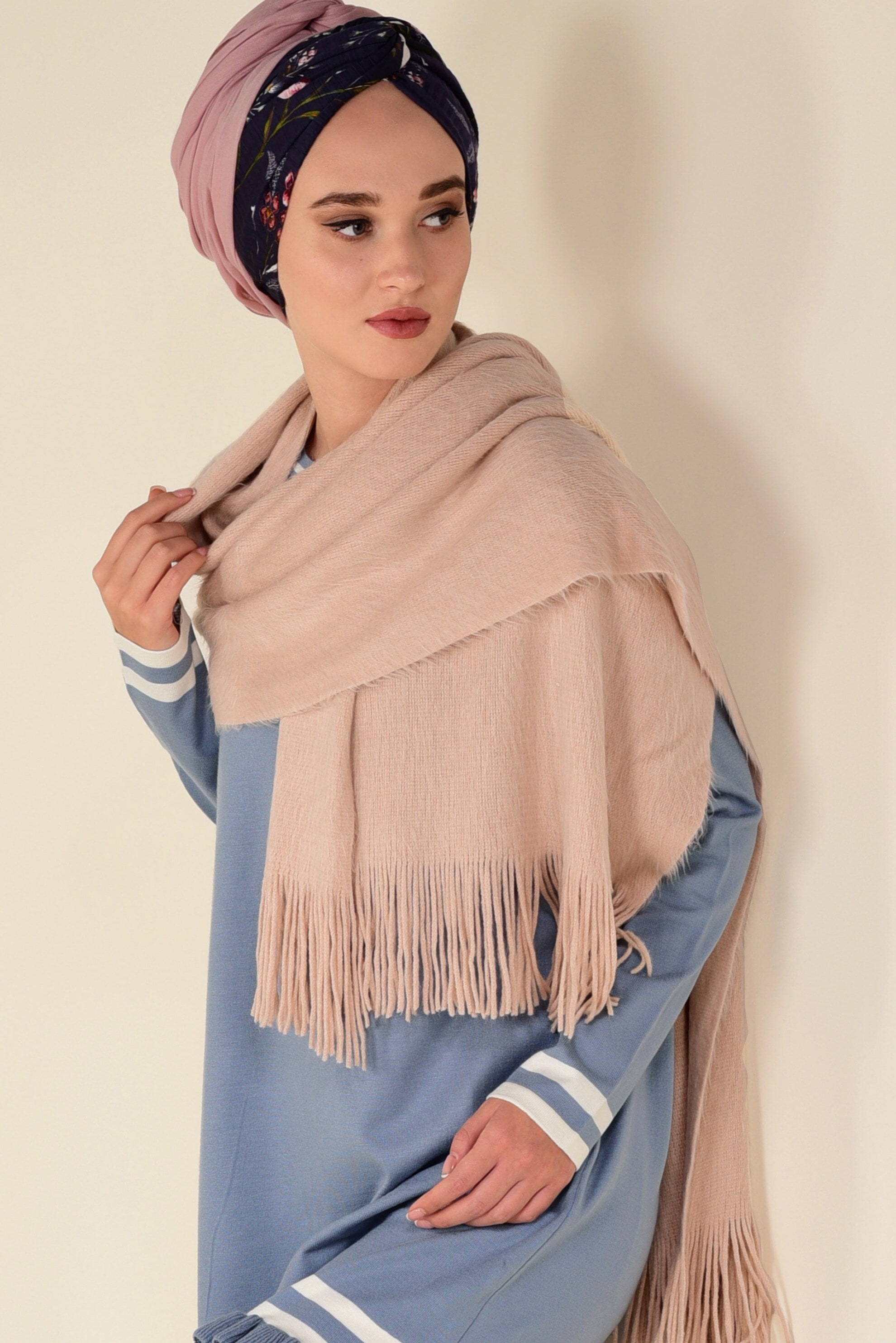 Tesettür giyim MAVİ ETEK UCU FIRFIRLI TRİKO TUNİK 4510 