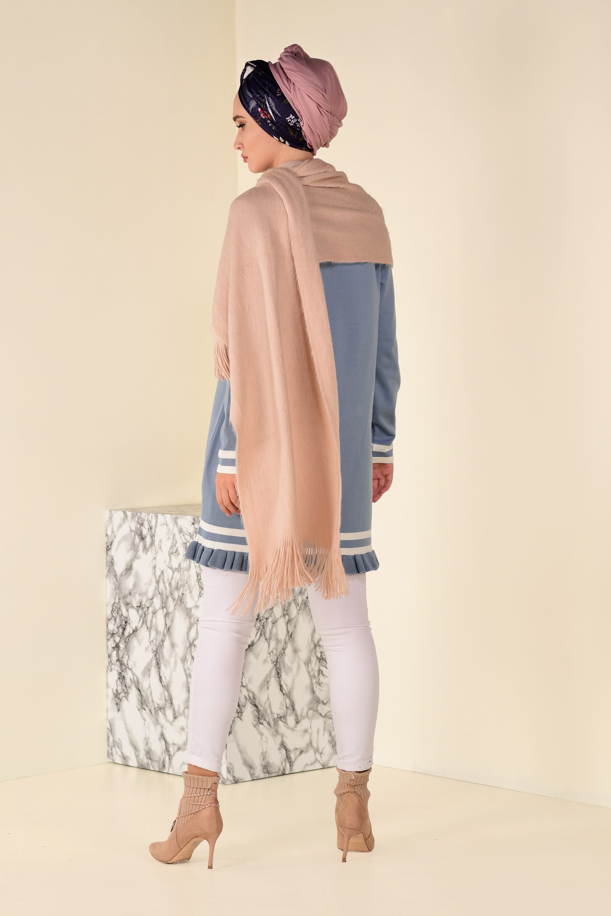 Tesettür giyim MAVİ ETEK UCU FIRFIRLI TRİKO TUNİK 4510 