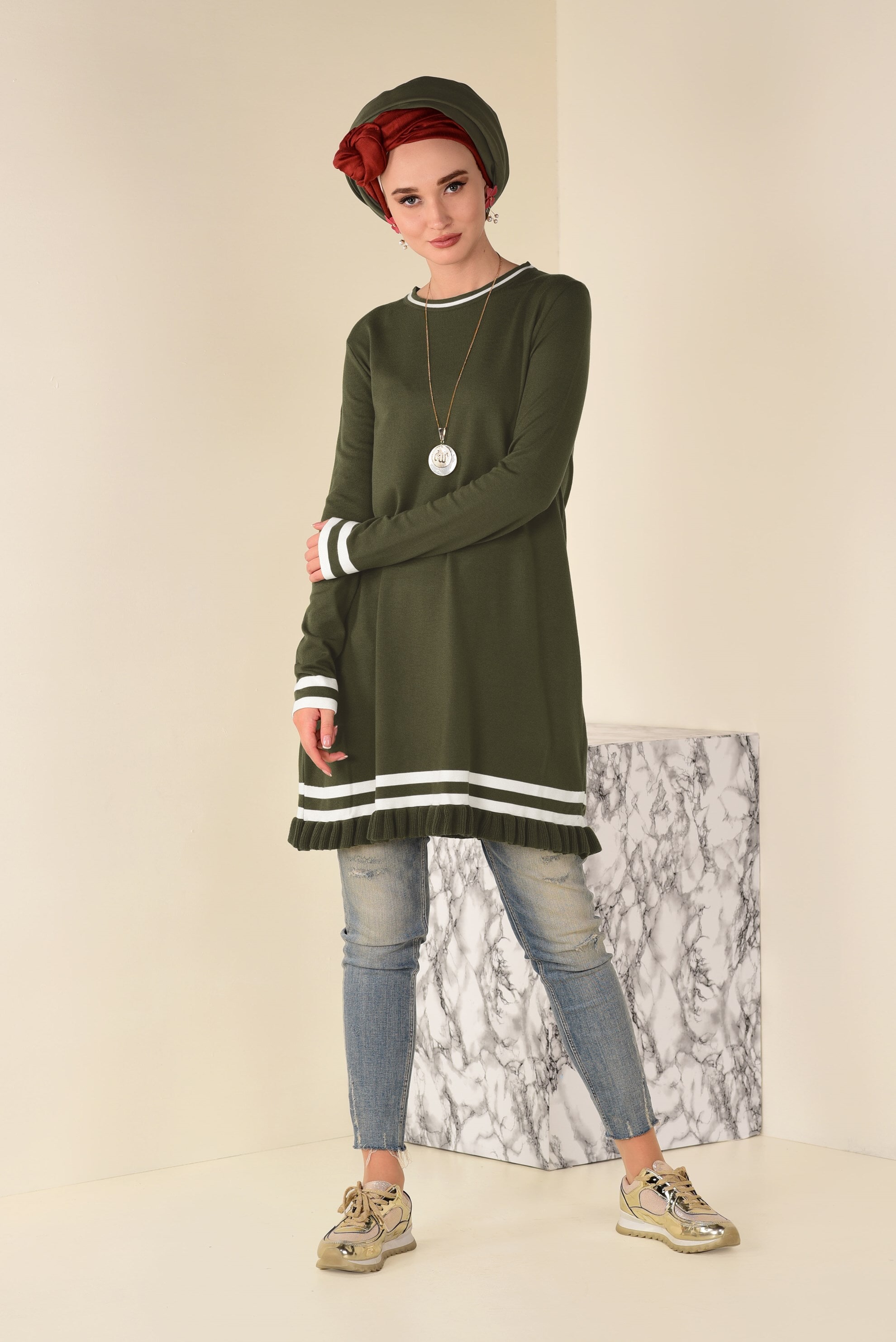 Tesettür giyim HAKİ ETEK UCU FIRFIRLI TRİKO TUNİK 4510 