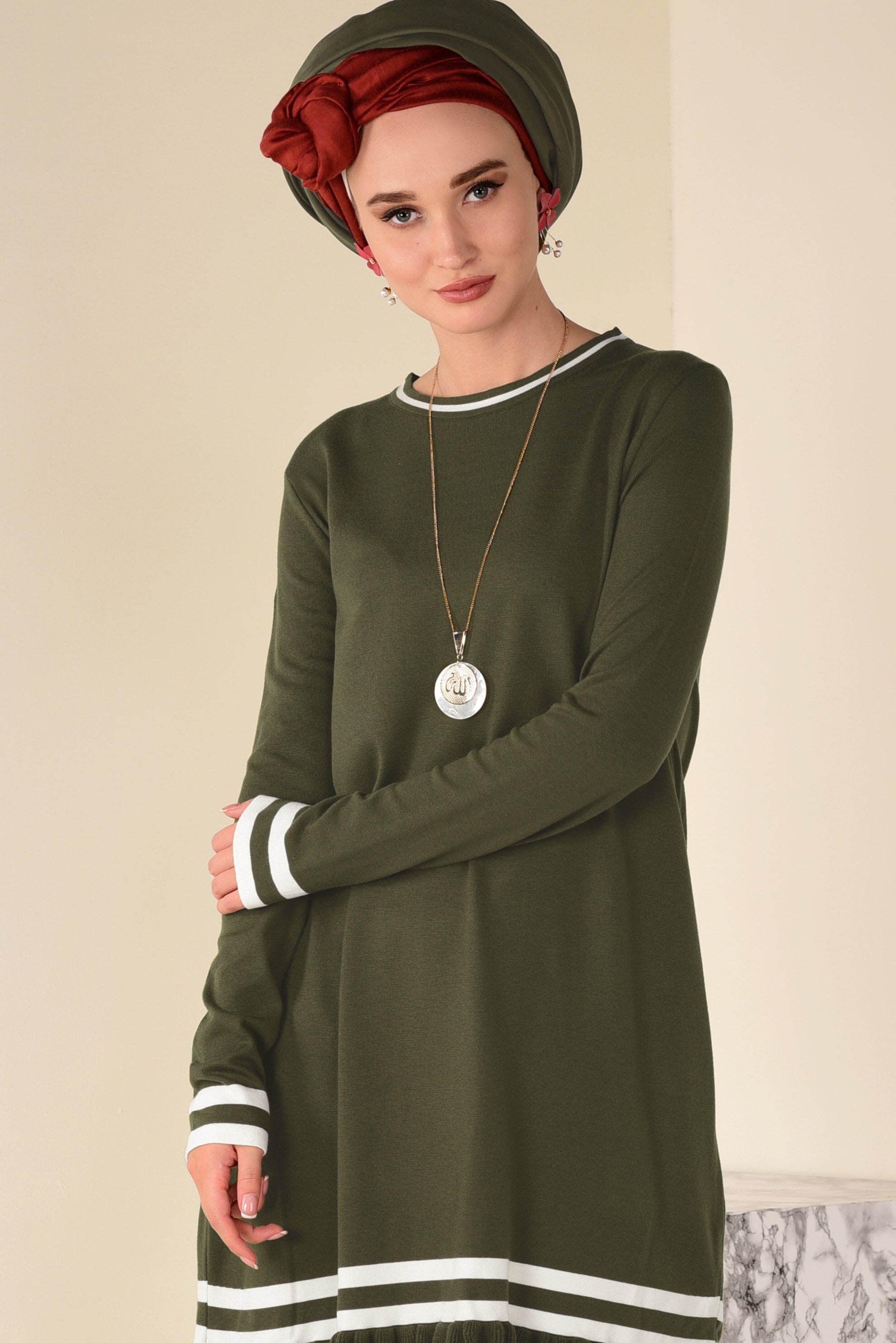 Tesettür giyim HAKİ ETEK UCU FIRFIRLI TRİKO TUNİK 4510 