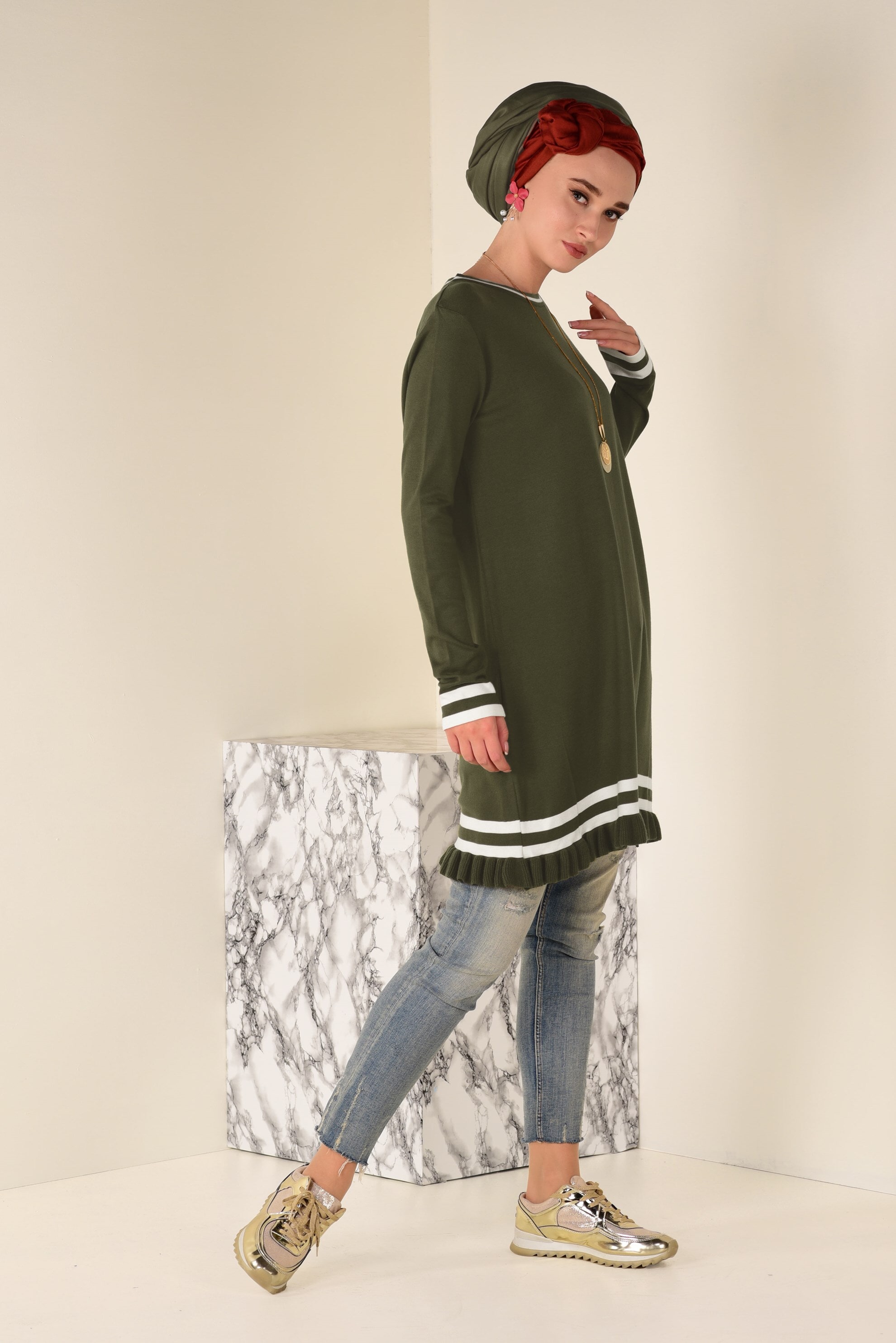 Tesettür giyim HAKİ ETEK UCU FIRFIRLI TRİKO TUNİK 4510 