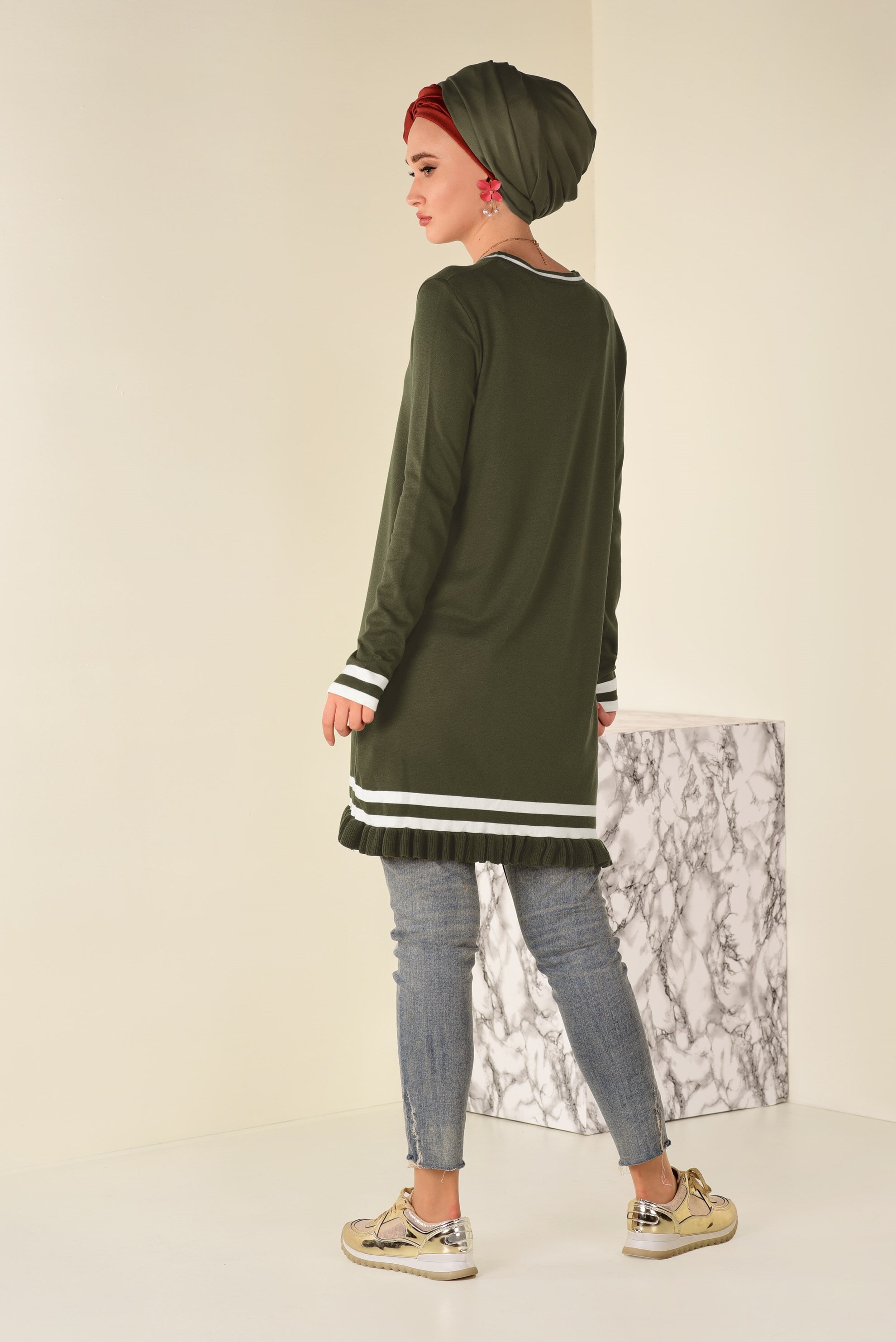 Tesettür giyim HAKİ ETEK UCU FIRFIRLI TRİKO TUNİK 4510 