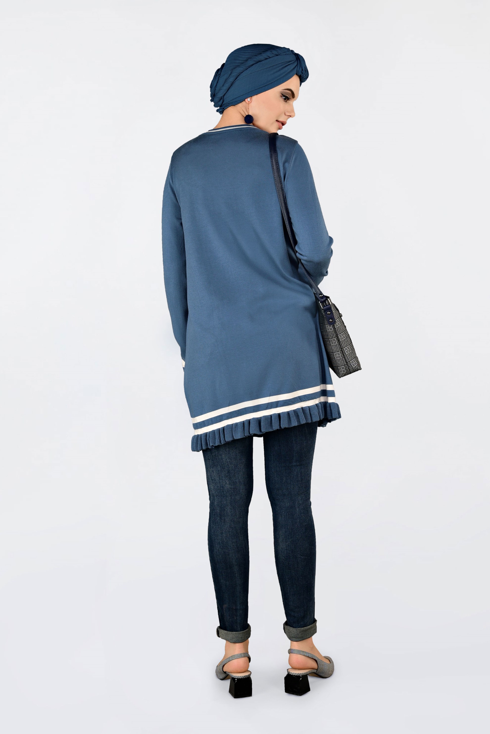 Tesettür giyim MAVİ ETEK UCU FIRFIRLI TRİKO TUNİK 4510 