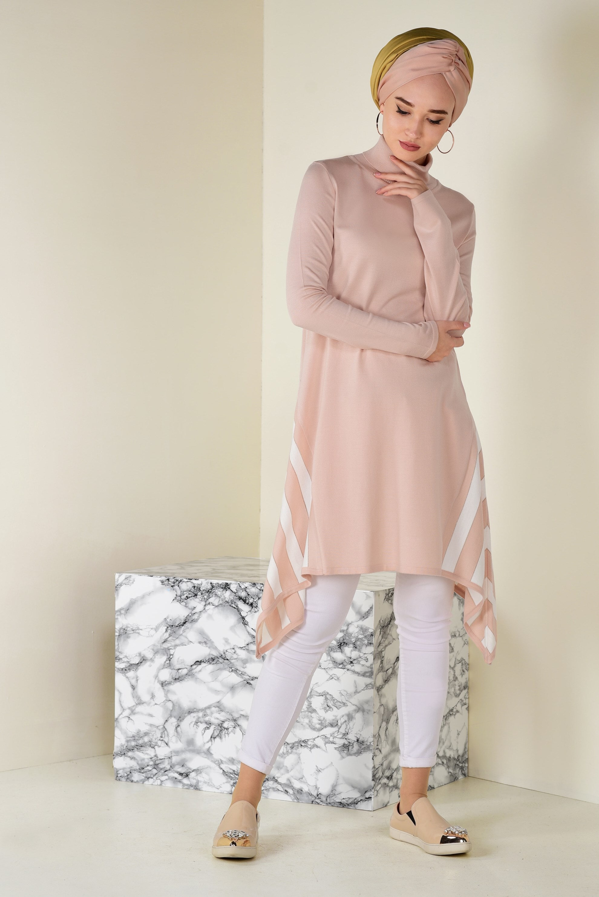 Tesettür giyim PUDRA ASİMETRİK KESİM TRİKO TUNİK 4517  