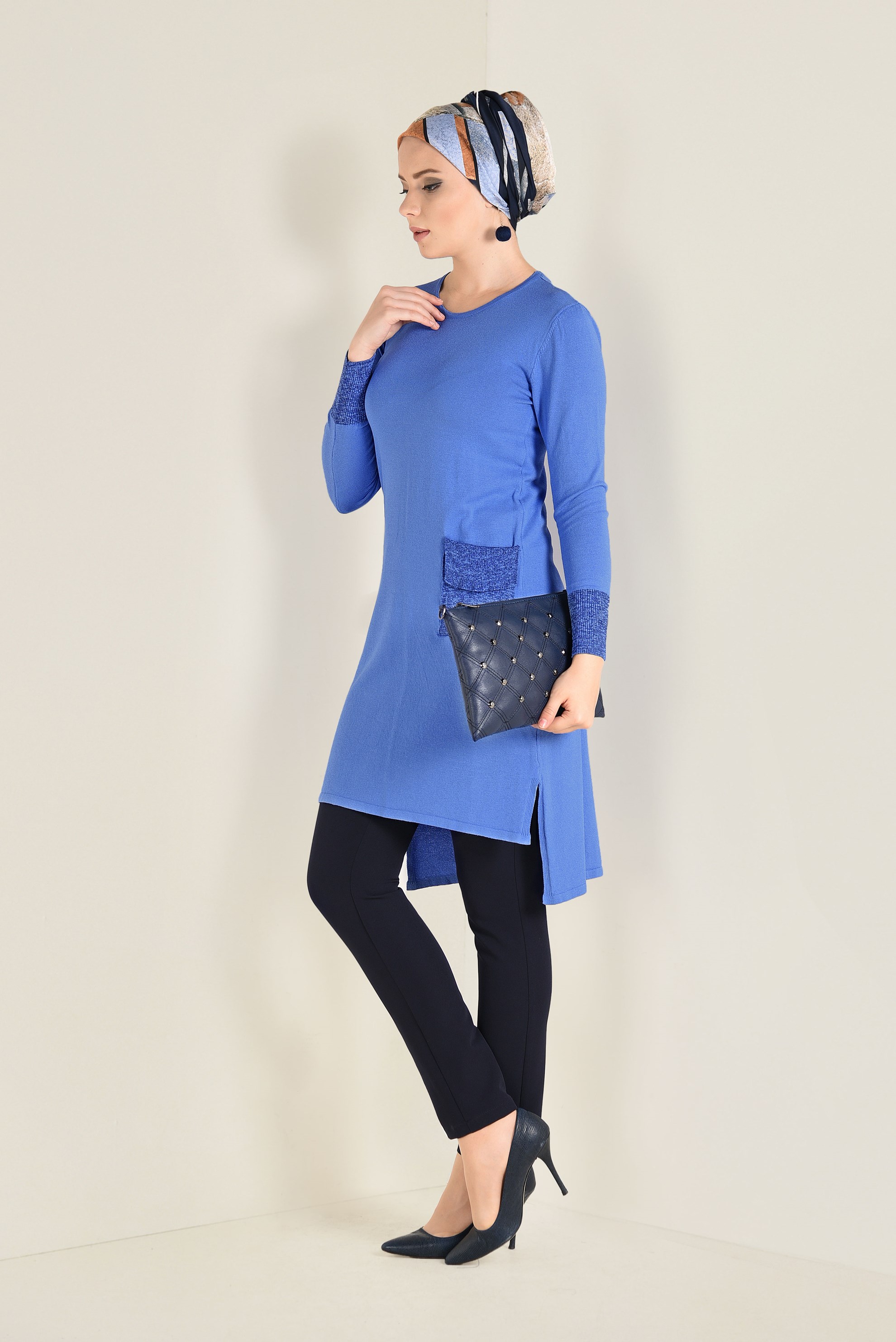 Tesettür giyim MAVİ SİMLİ TRİKO TUNİK 4522