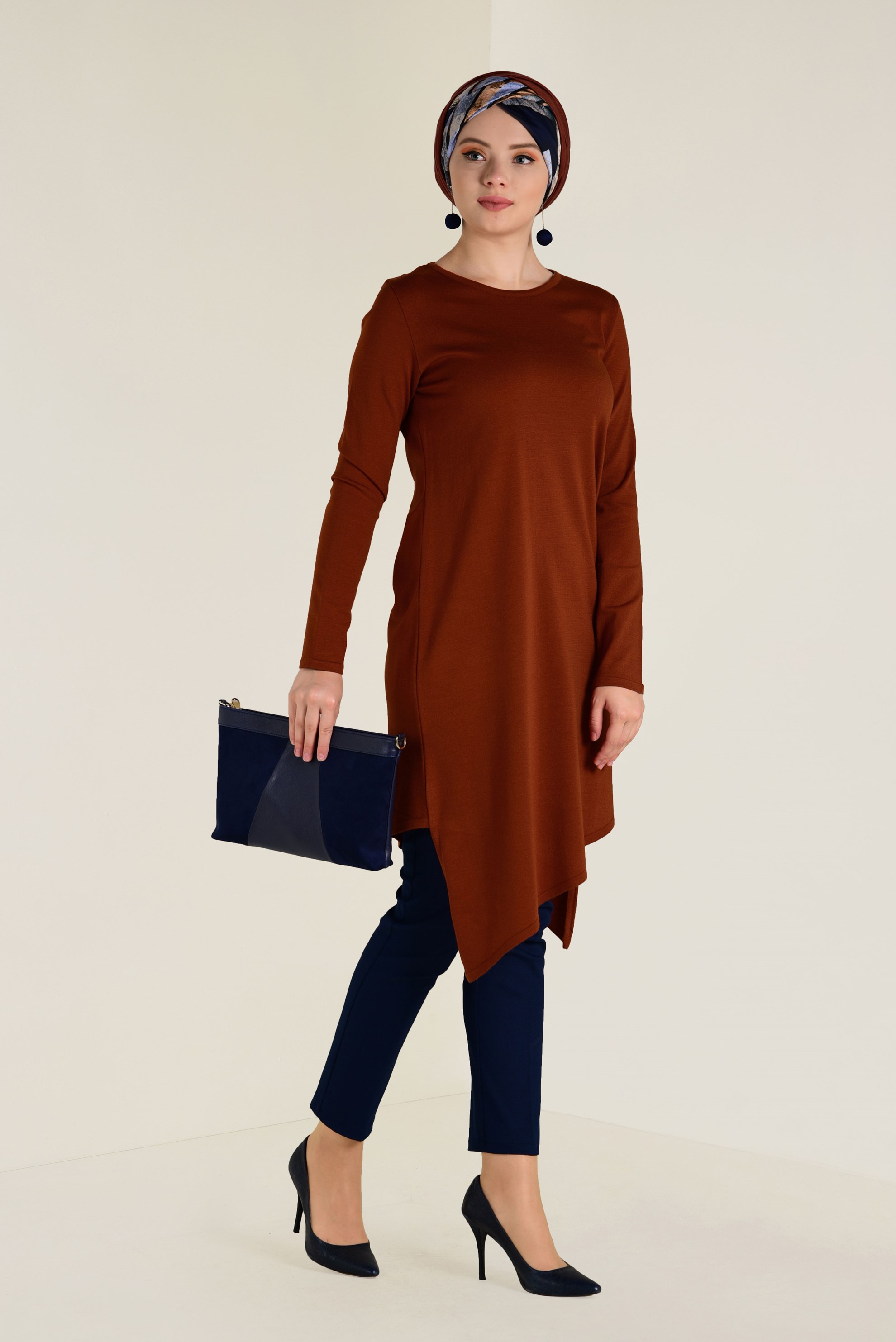 Tesettür giyim TURUNCU ASİMETRİK KESİM  TRİKO TUNİK 4526 