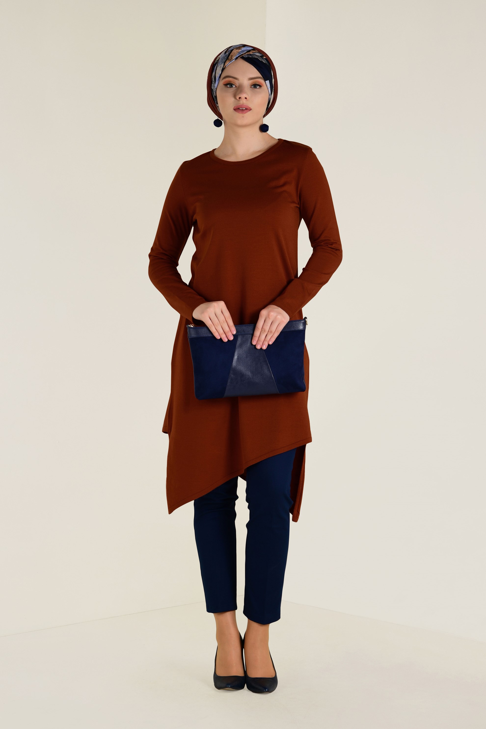 Tesettür giyim TURUNCU ASİMETRİK KESİM  TRİKO TUNİK 4526 