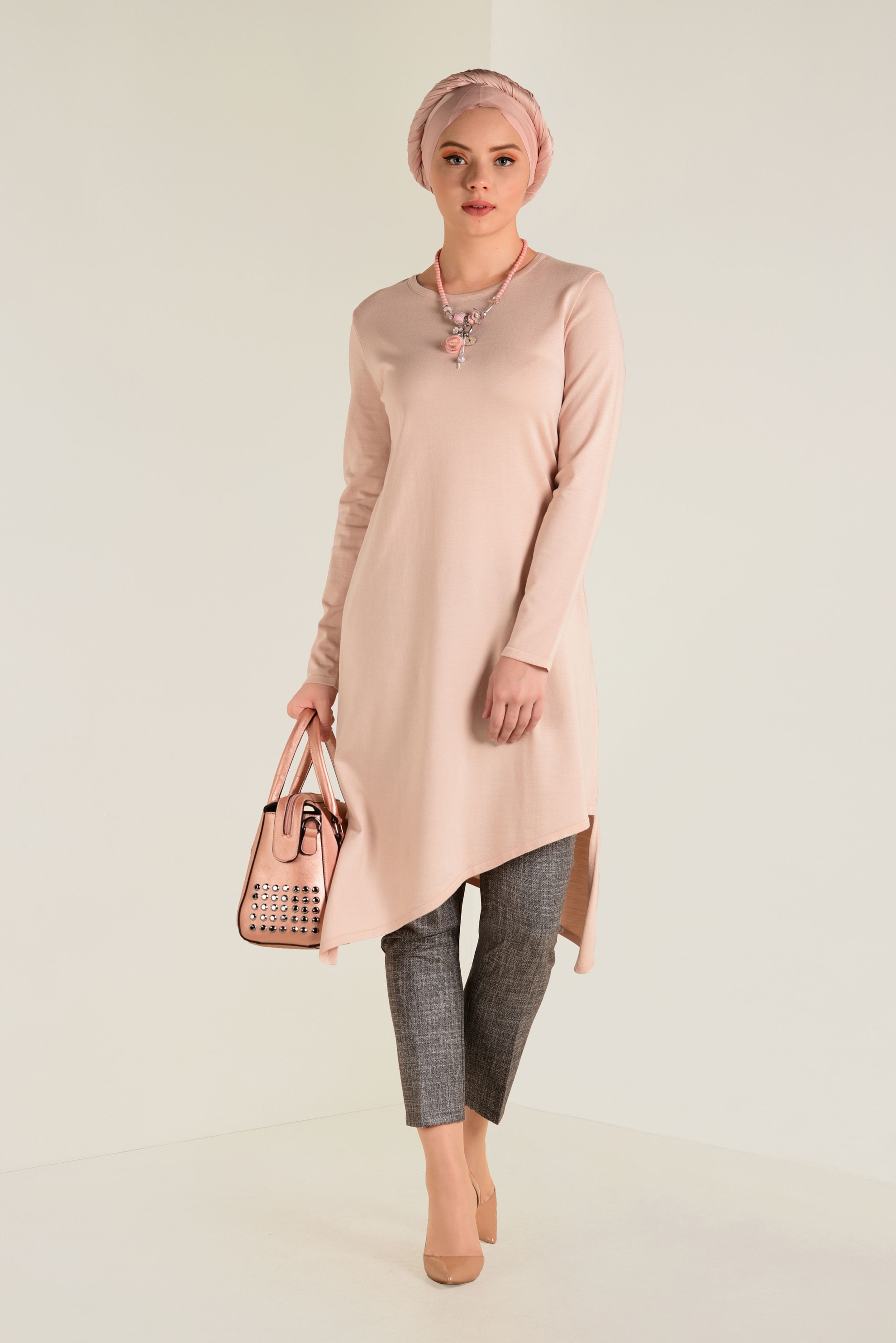 Tesettür giyim PUDRA ASİMETRİK KESİM  TRİKO TUNİK 4526 