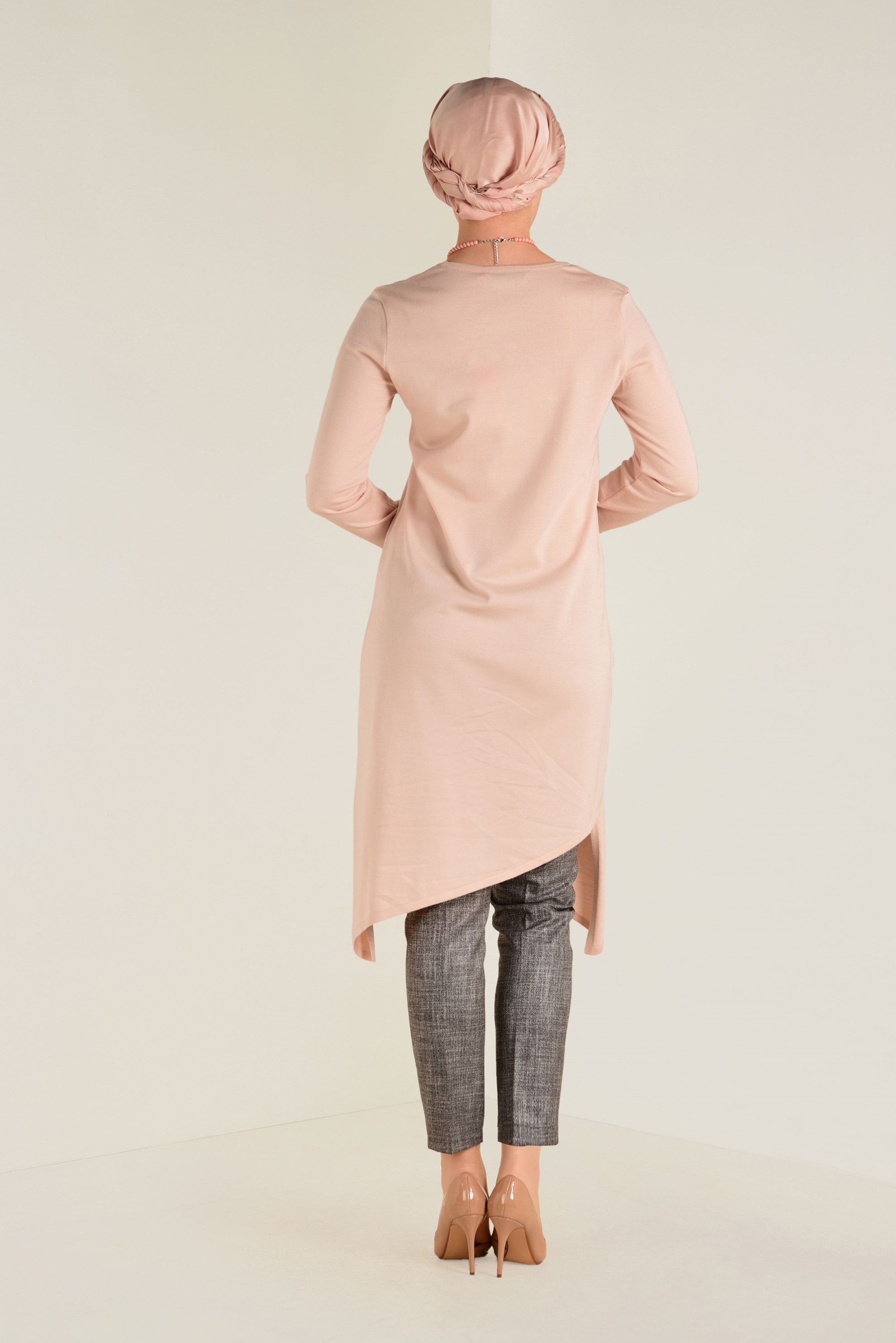 Tesettür giyim PUDRA ASİMETRİK KESİM  TRİKO TUNİK 4526 