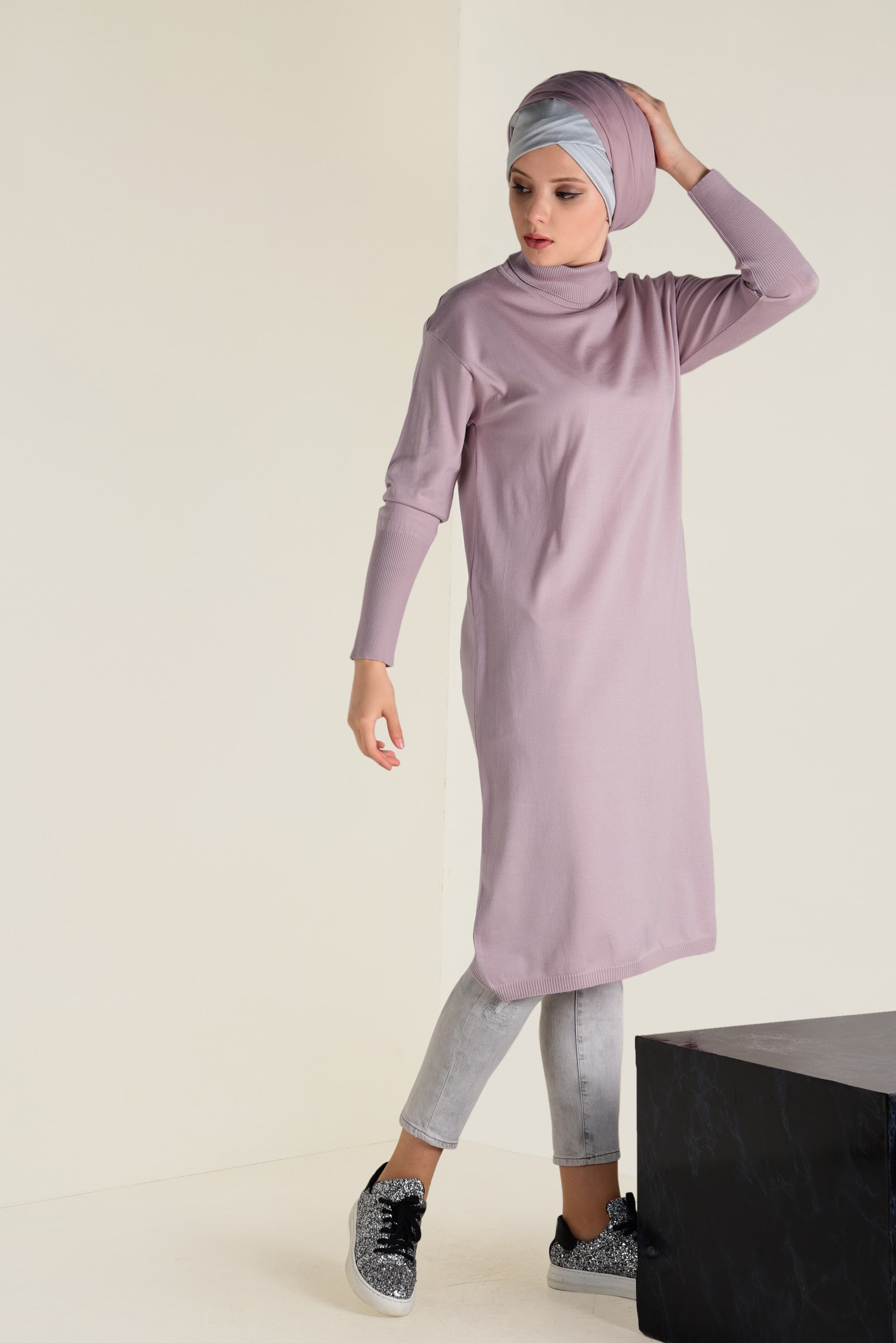 Tesettür giyim PUDRA BALIKÇI YAKA TRİKO TUNİK 4528 