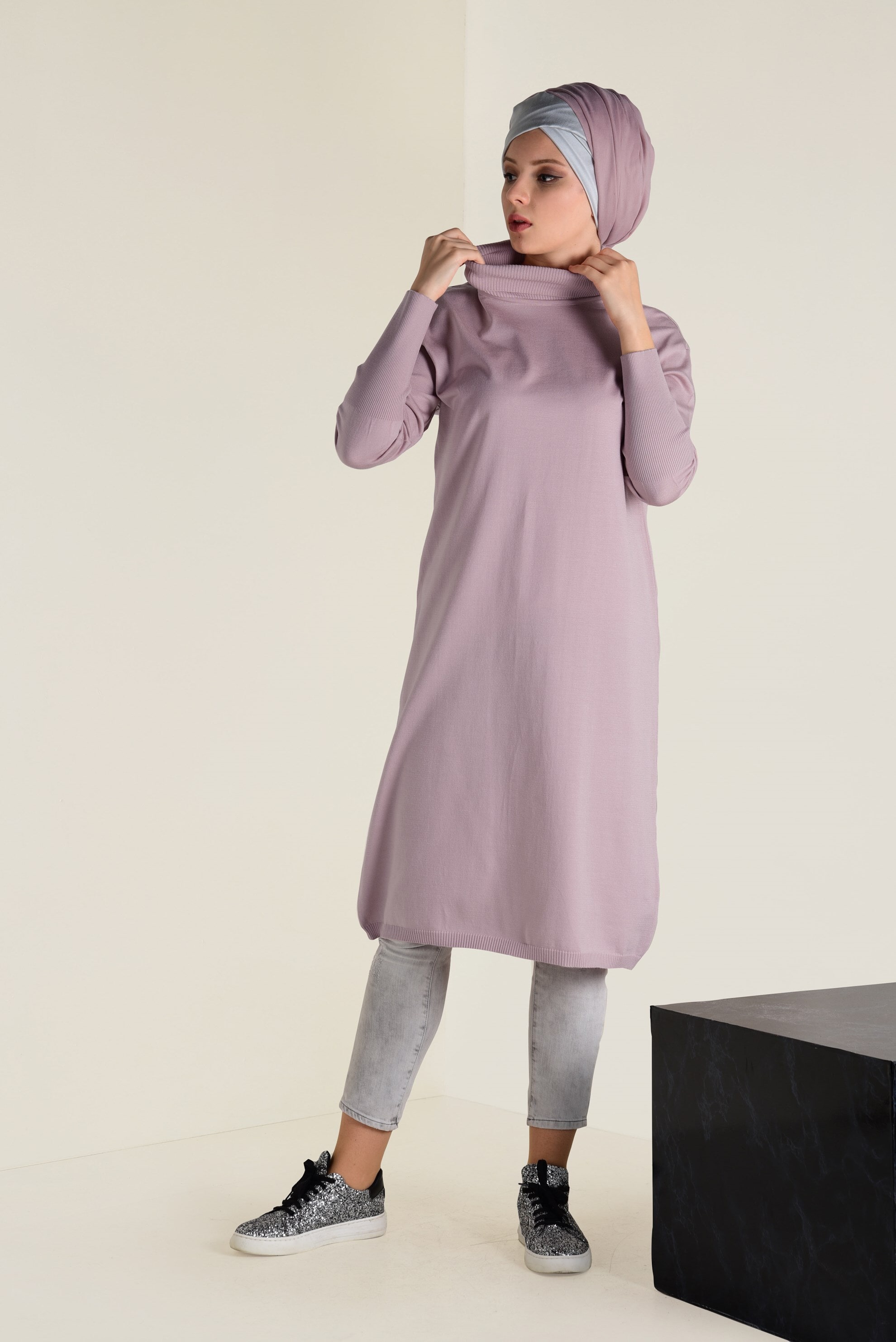 Tesettür giyim PUDRA BALIKÇI YAKA TRİKO TUNİK 4528 