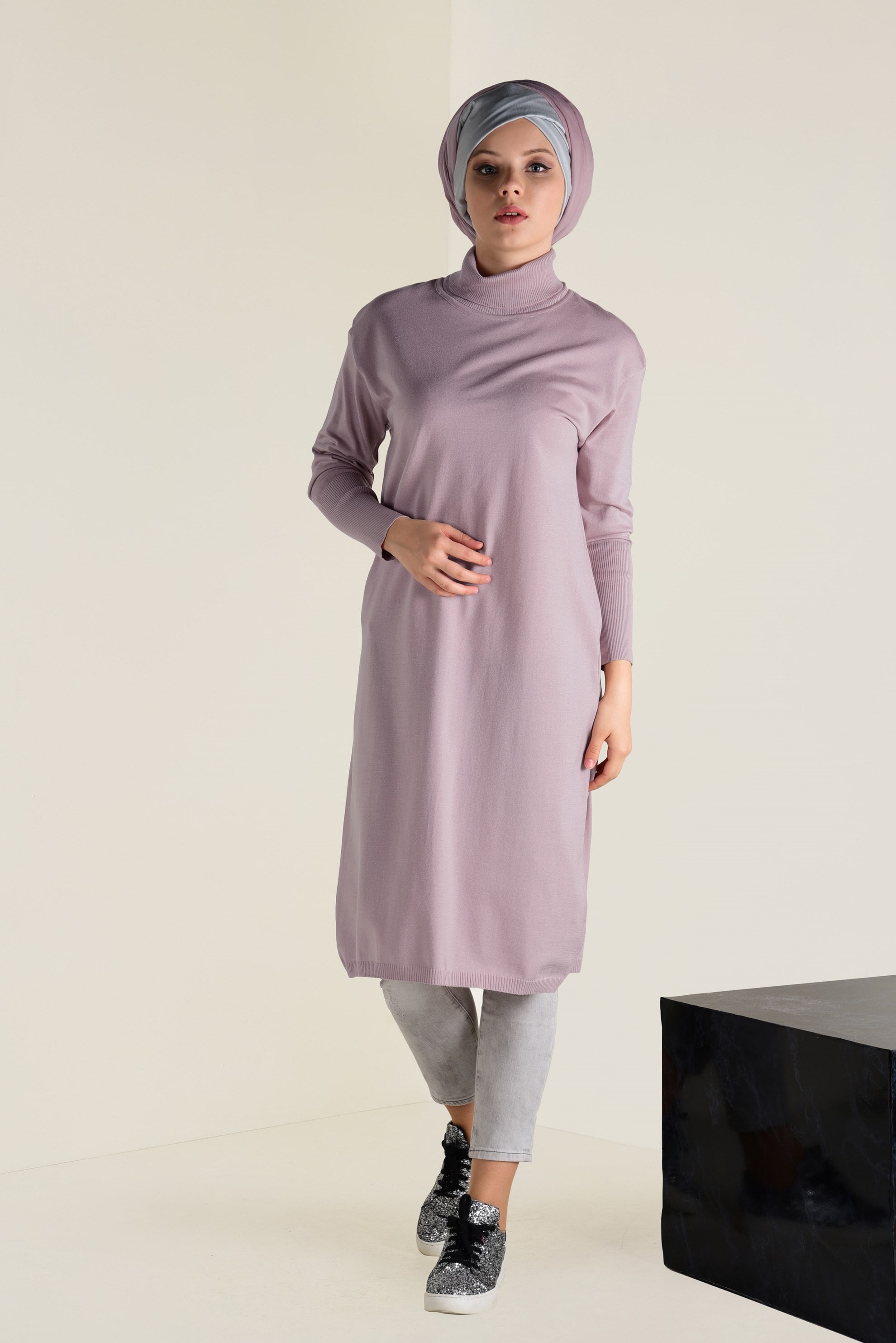 Tesettür giyim PUDRA BALIKÇI YAKA TRİKO TUNİK 4528 