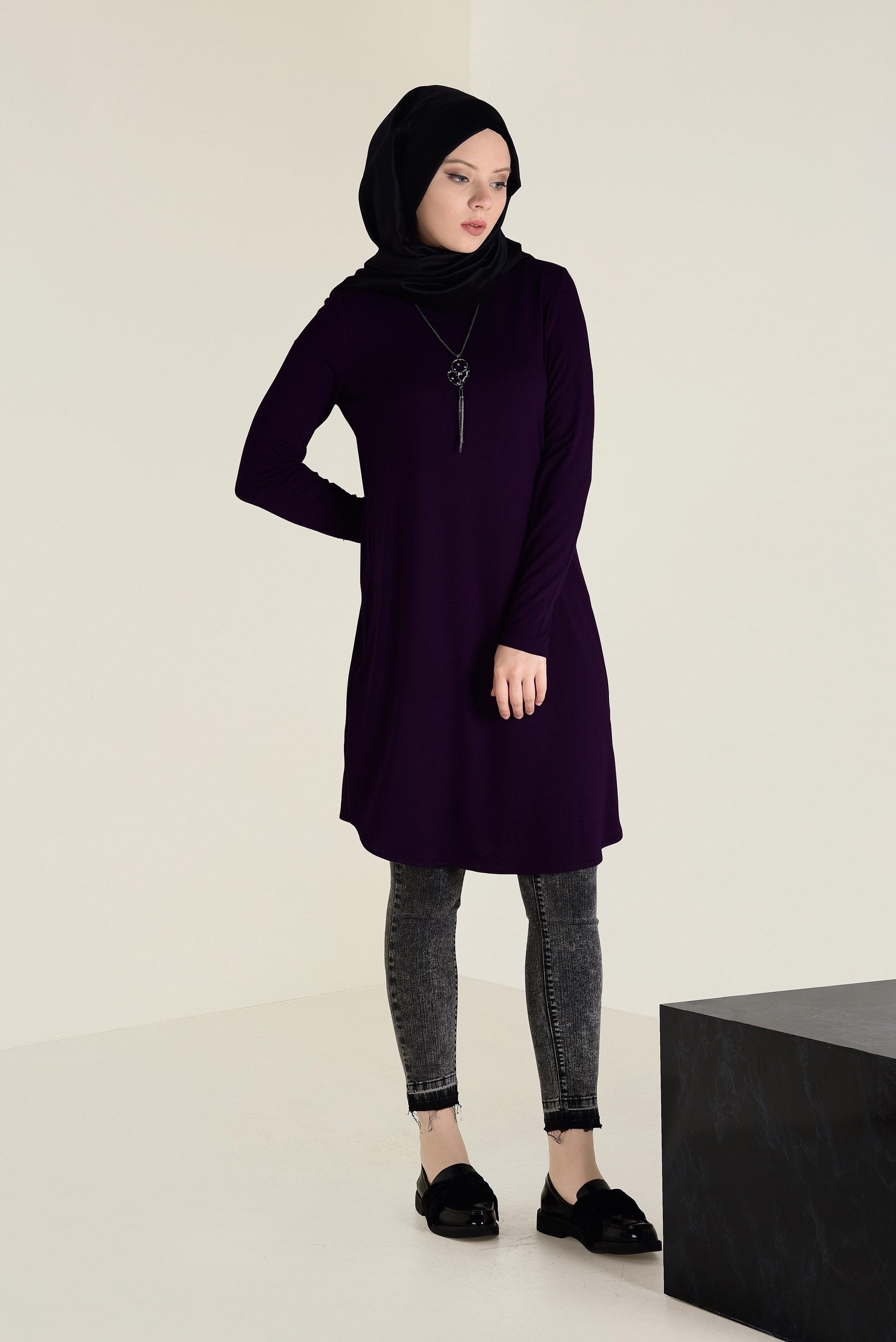 Tesettür giyim MOR BİSİKLET YAKA TRİKO TUNİK 4578 