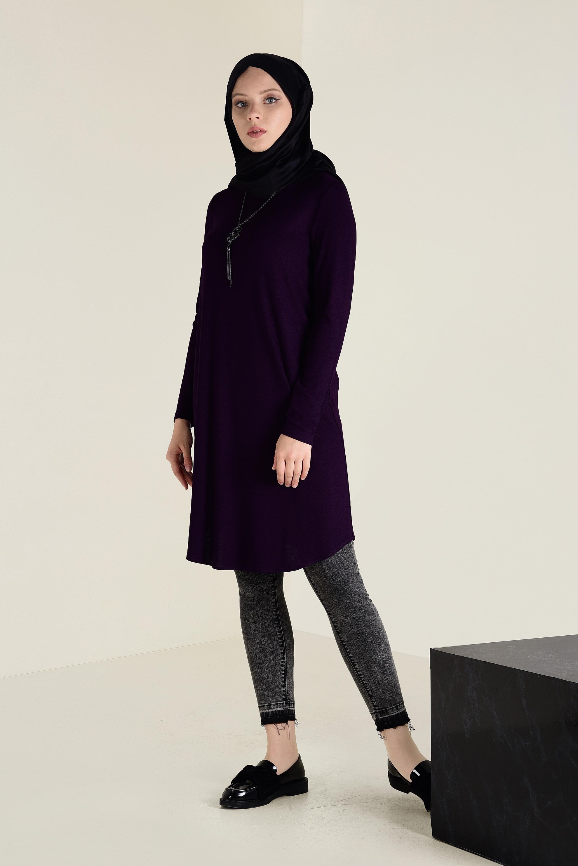 Tesettür giyim MOR BİSİKLET YAKA TRİKO TUNİK 4578 