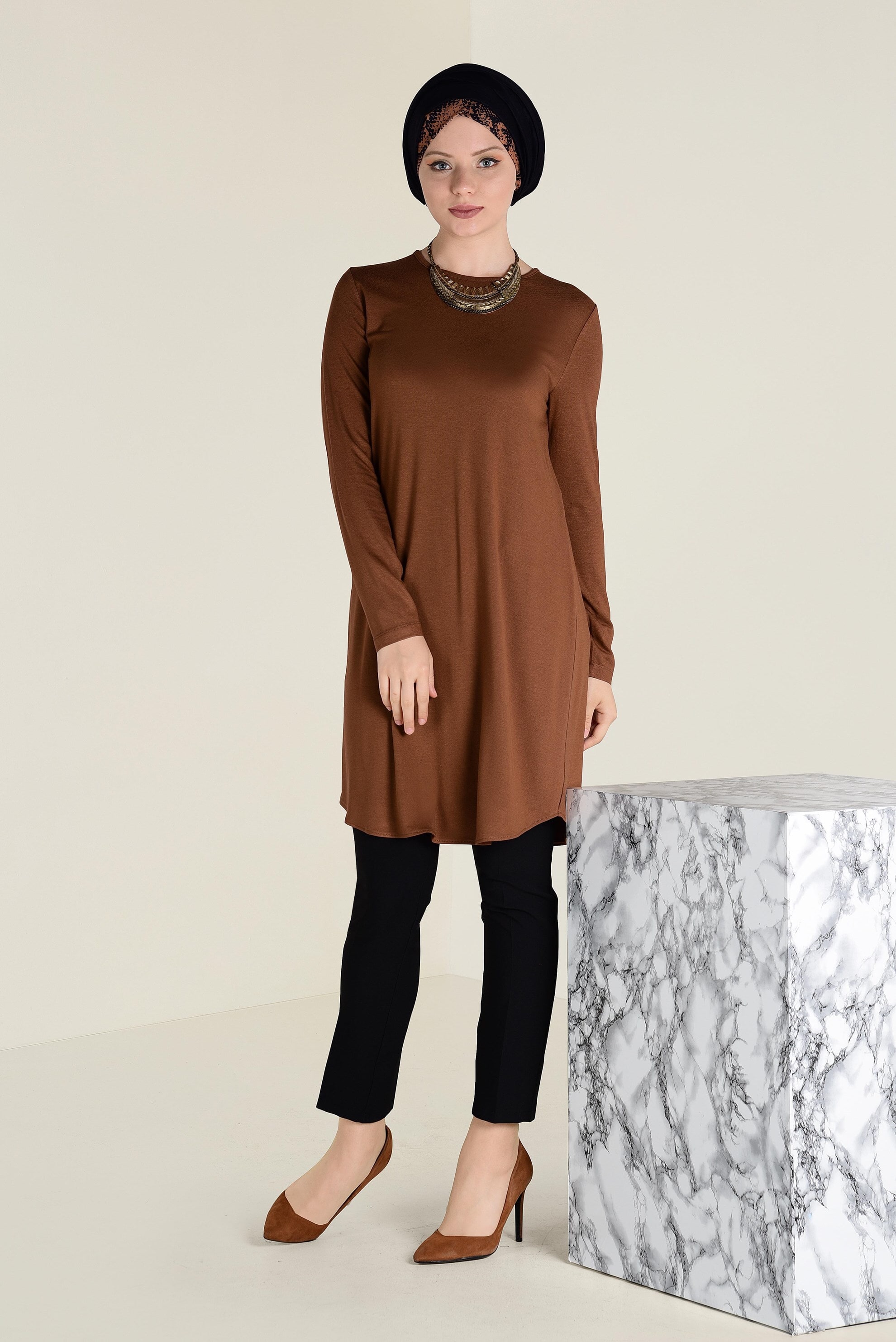 Tesettür giyim TABA BİSİKLET YAKA TRİKO TUNİK 4578 