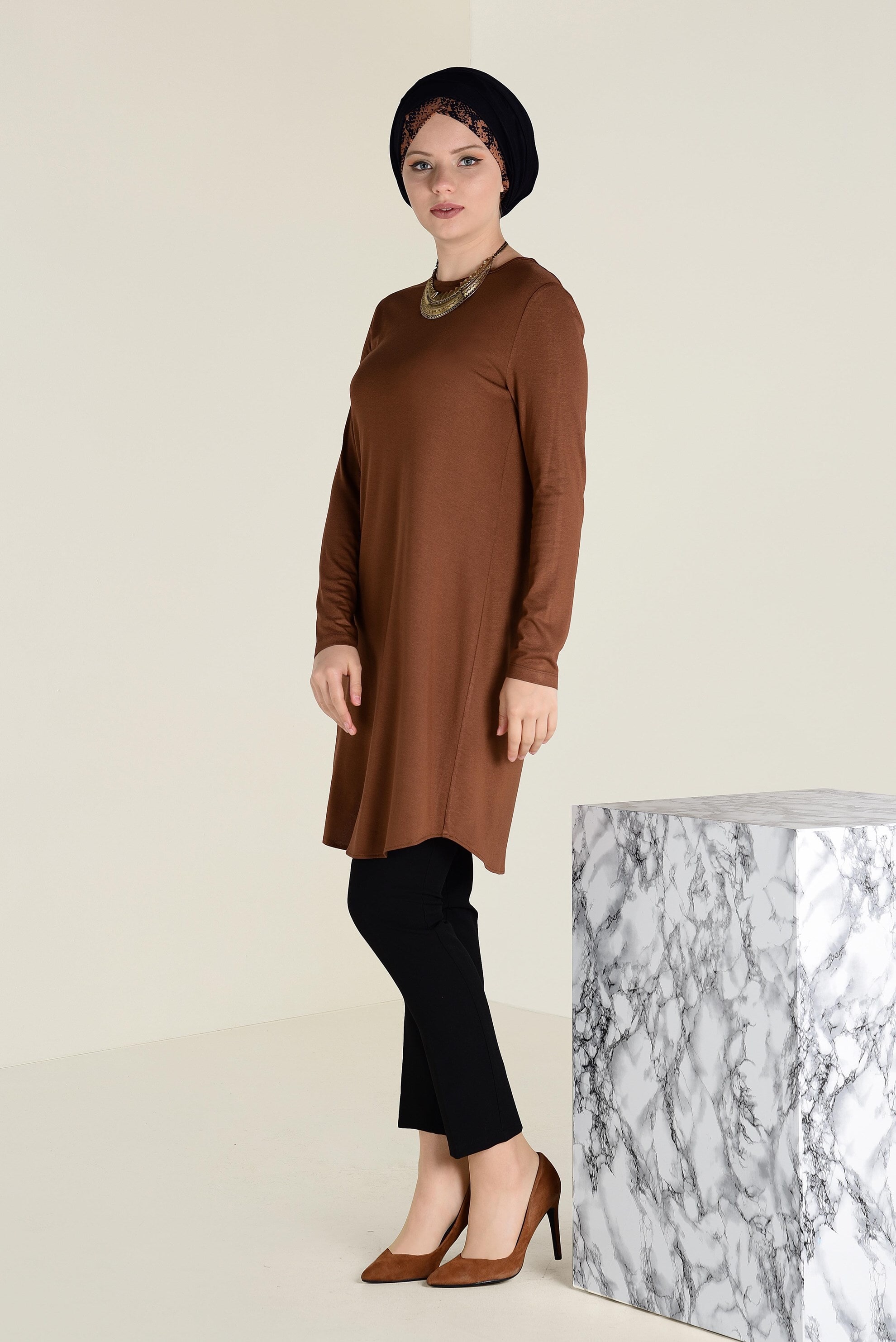 Tesettür giyim TABA BİSİKLET YAKA TRİKO TUNİK 4578 