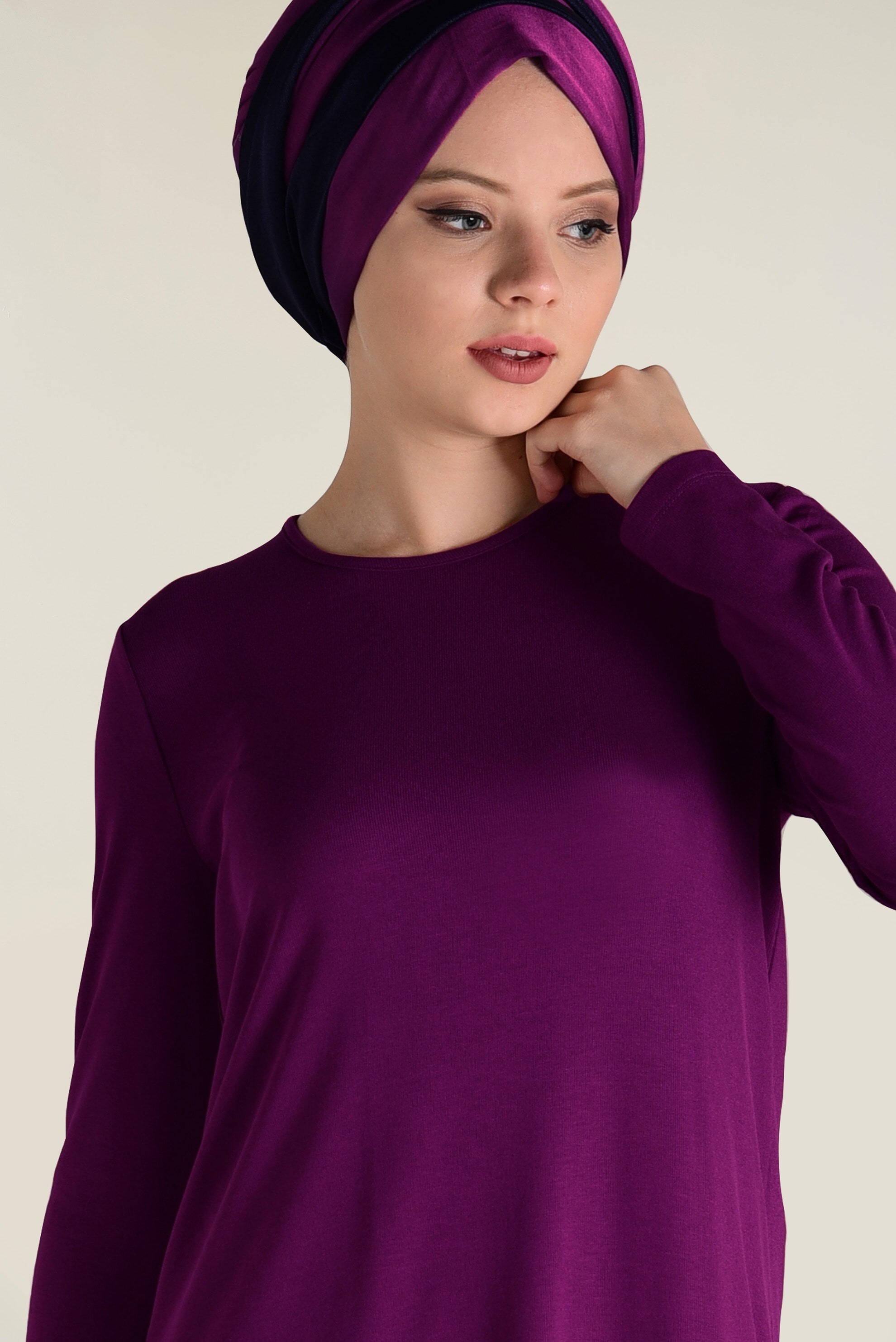 Tesettür giyim MOR BİSİKLET YAKA TRİKO TUNİK 4578 