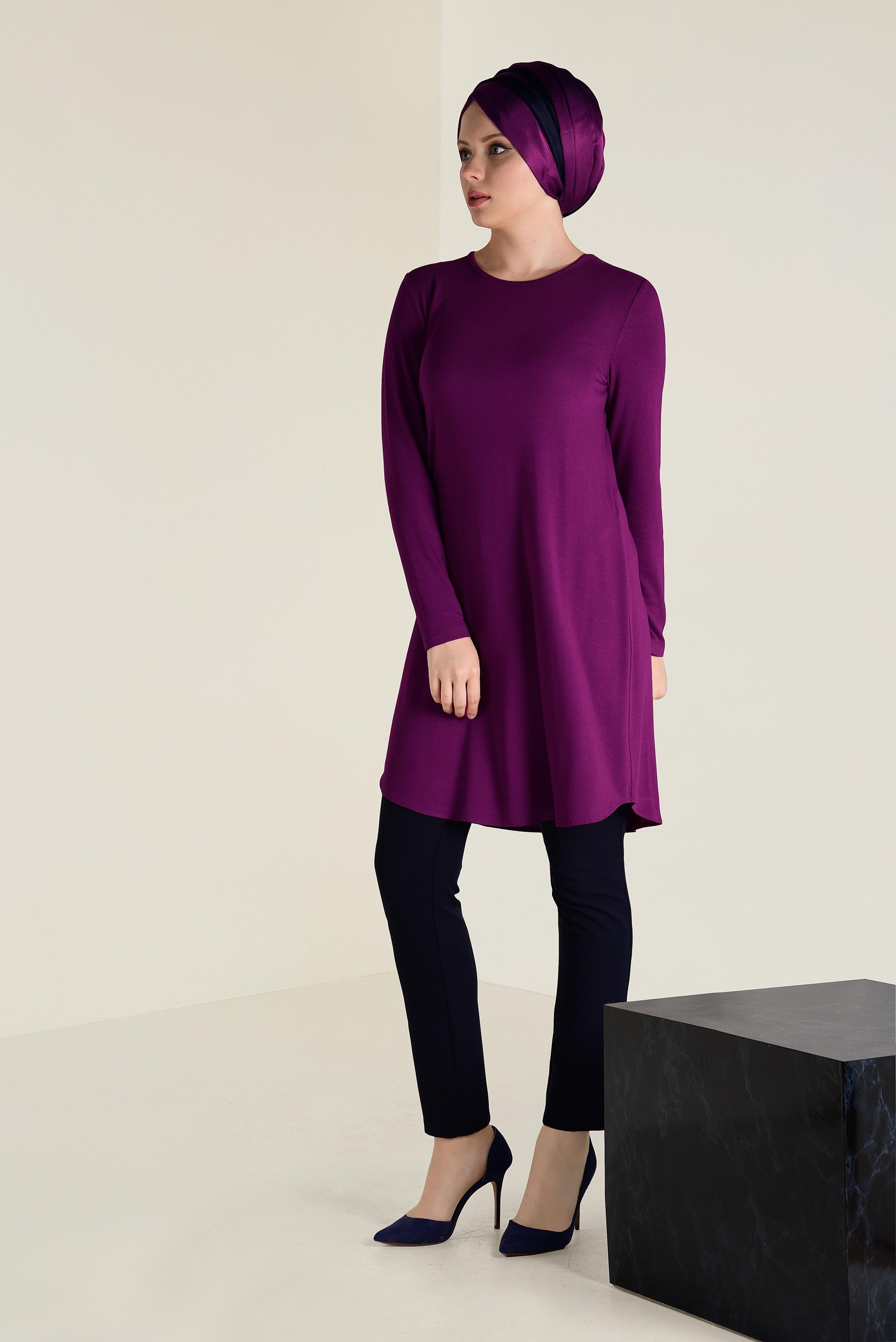 Tesettür giyim MOR BİSİKLET YAKA TRİKO TUNİK 4578 