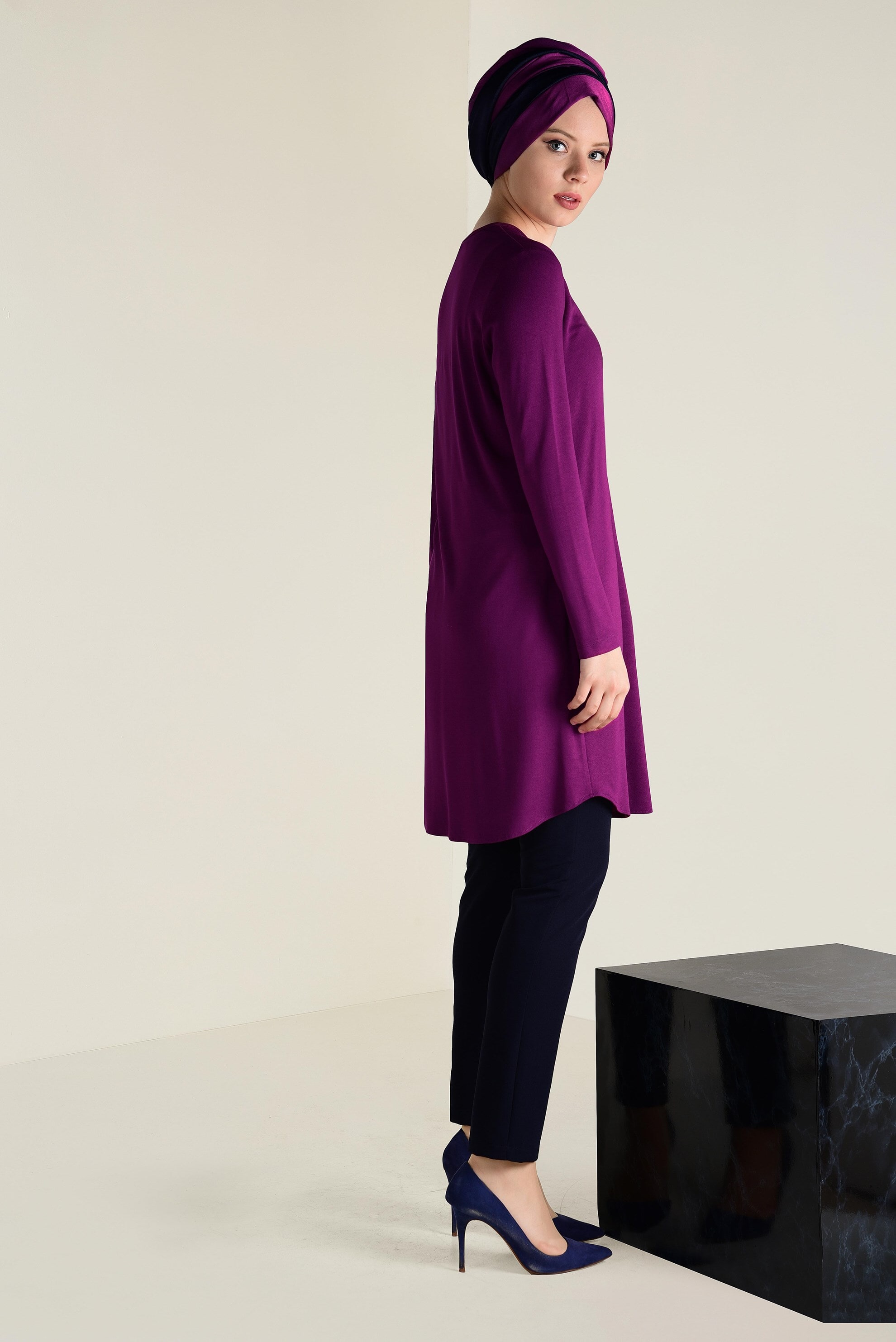 Tesettür giyim MOR BİSİKLET YAKA TRİKO TUNİK 4578 