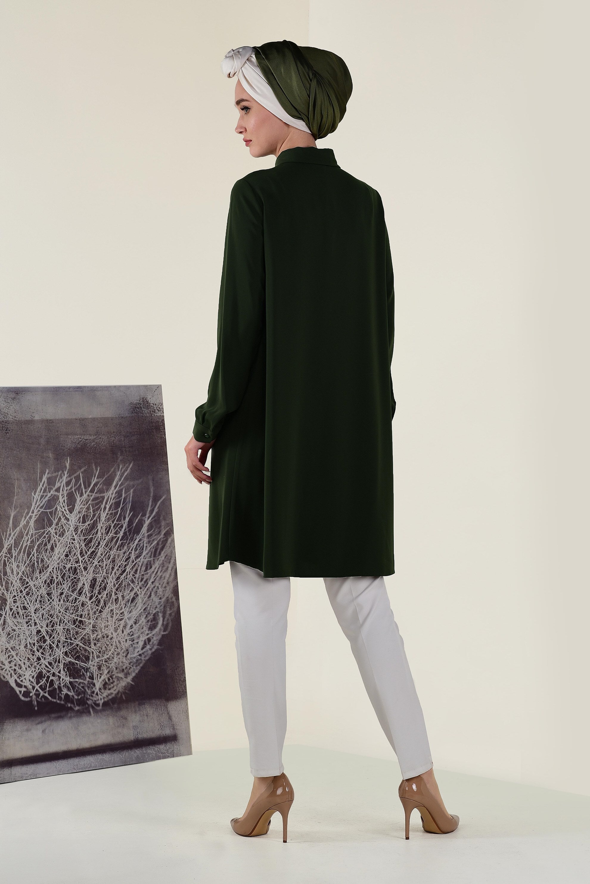 Tesettür giyim HAKİ ÖNDEN DÜĞMELİ ERKEK YAKA TUNİK 4584