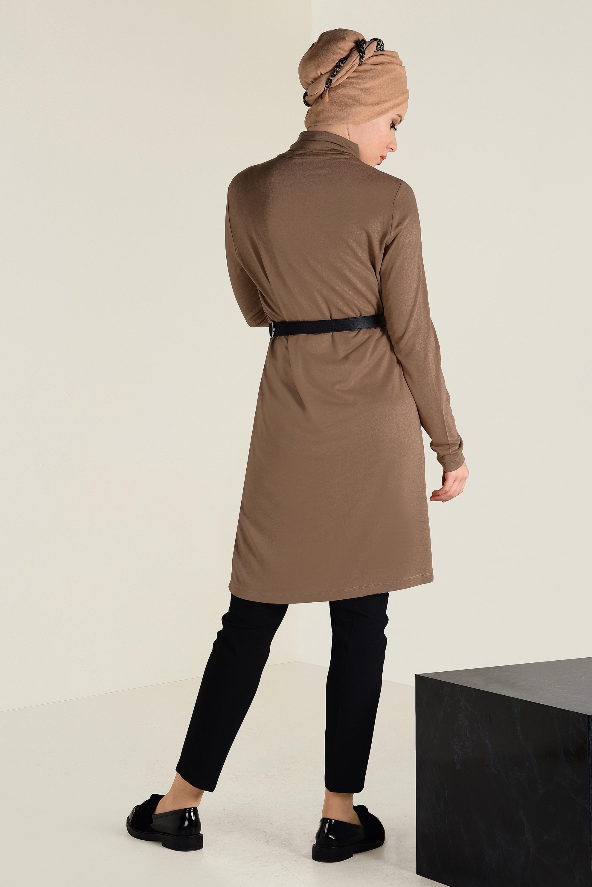 Tesettür giyim KAHVE BALIKÇI YAKA TRİKO TUNİK 4589