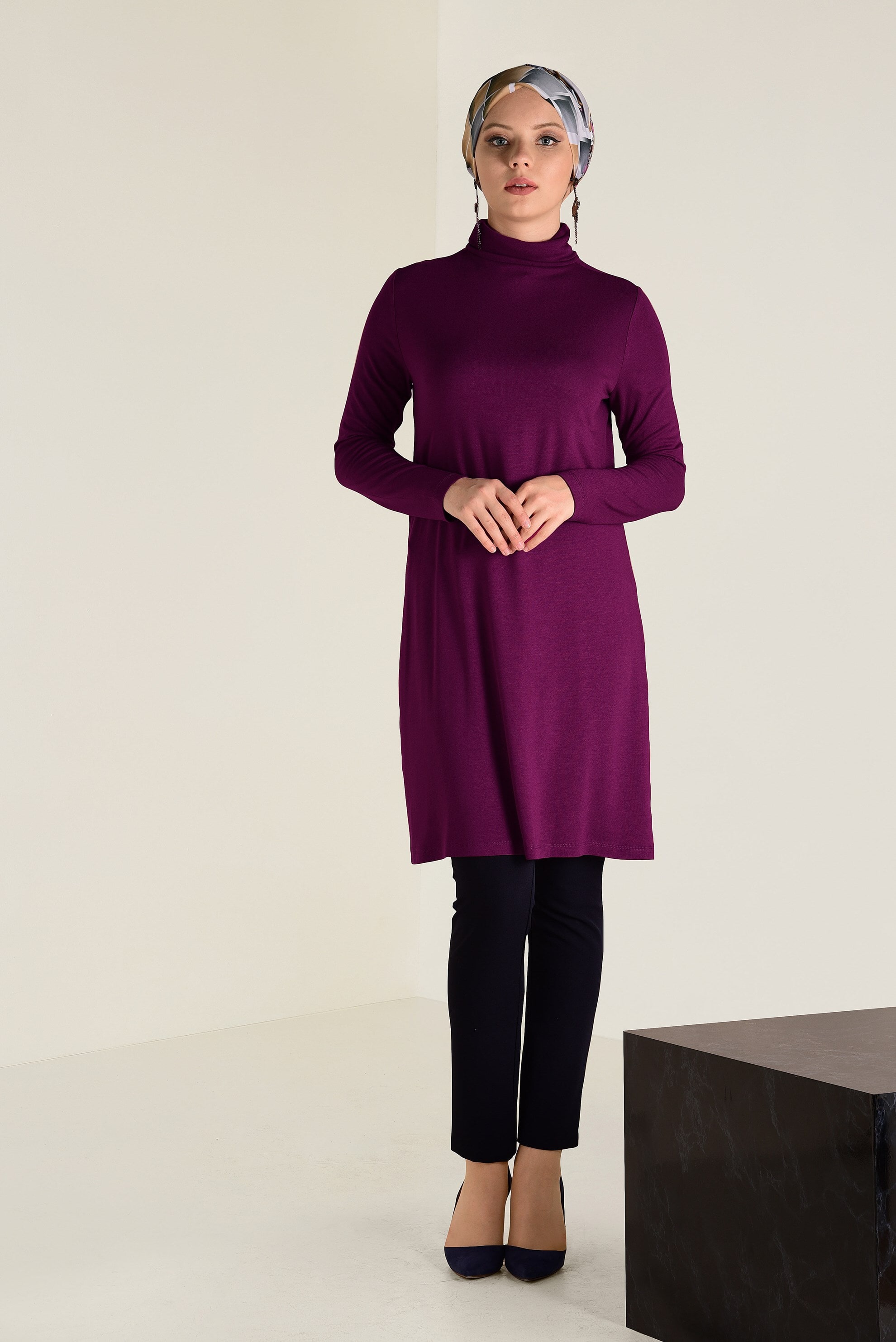Tesettür giyim MOR BALIKÇI YAKA TRİKO TUNİK 4589