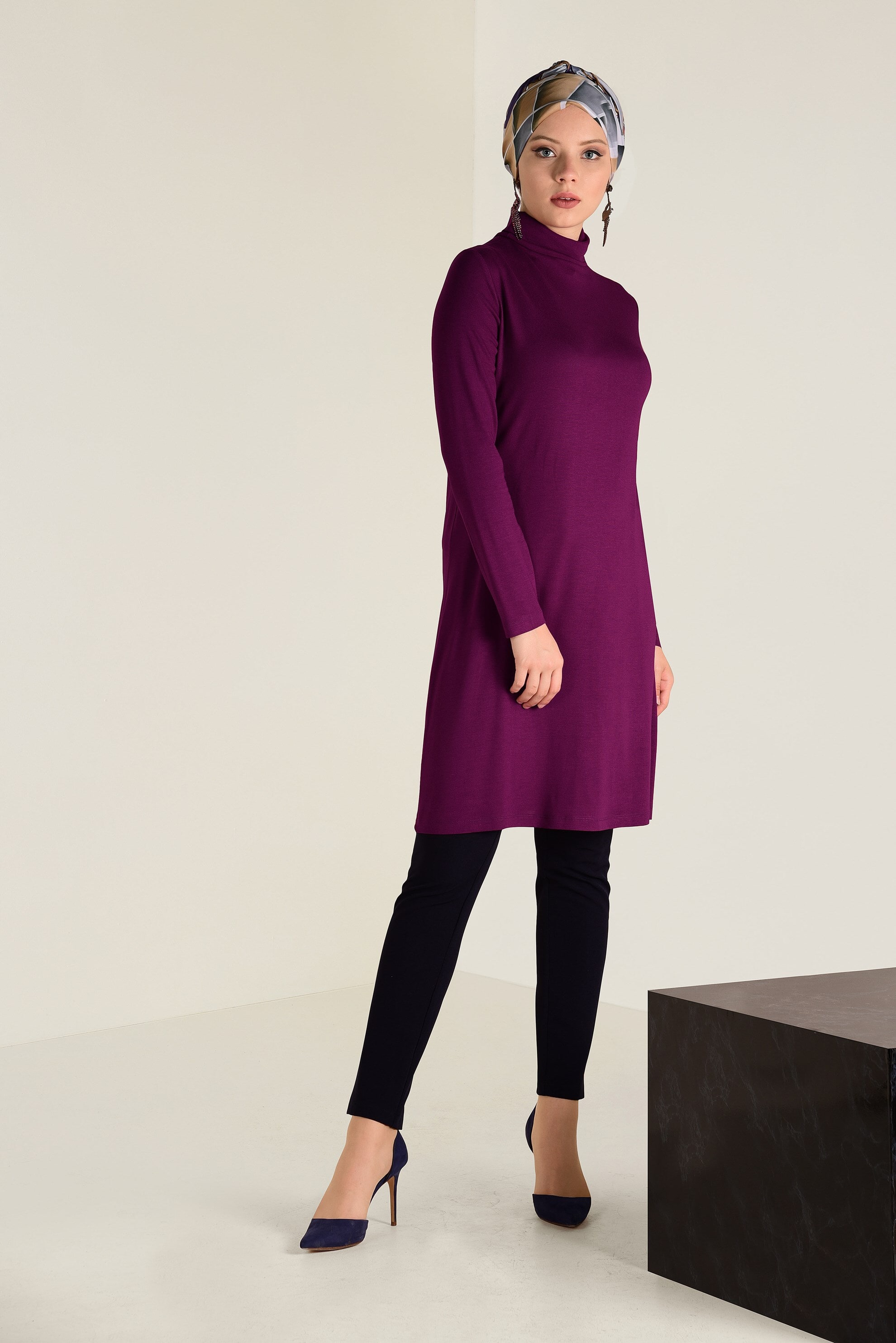 Tesettür giyim MOR BALIKÇI YAKA TRİKO TUNİK 4589