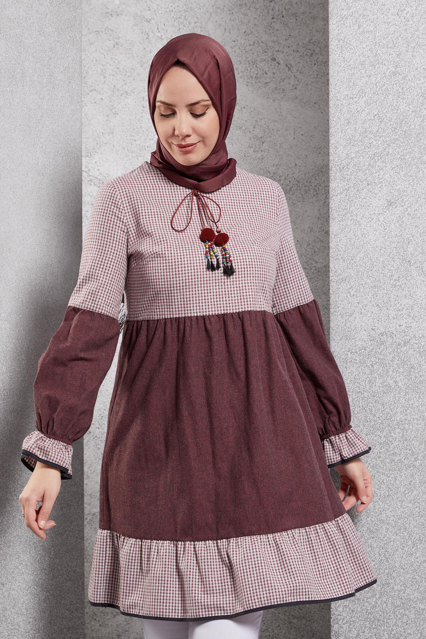 Vêtements hijab ROUGE BORDEAUX TUNIQUE EN VICHY À COL NOUÉ 4593 