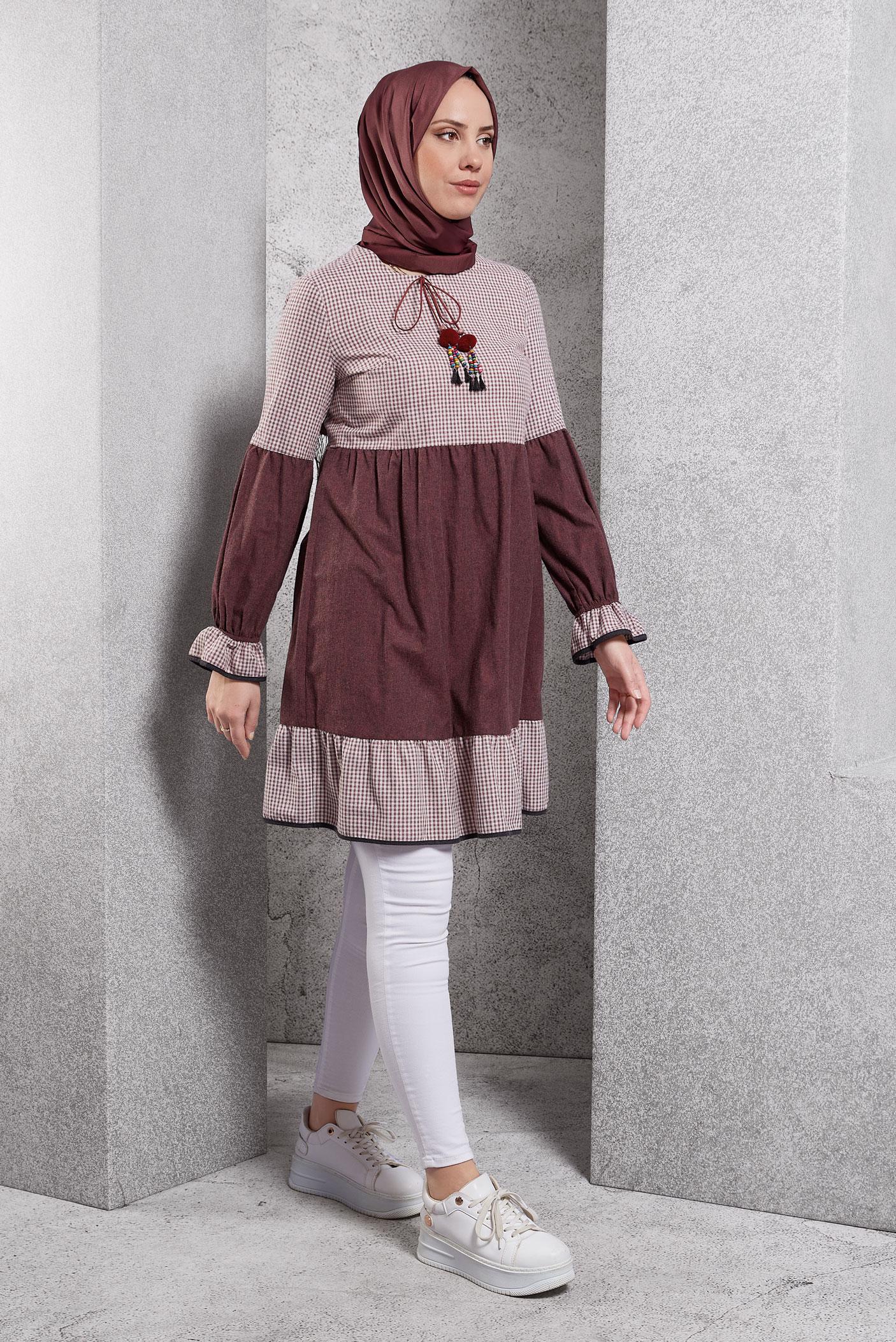 Vêtements hijab ROUGE BORDEAUX TUNIQUE EN VICHY À COL NOUÉ 4593 