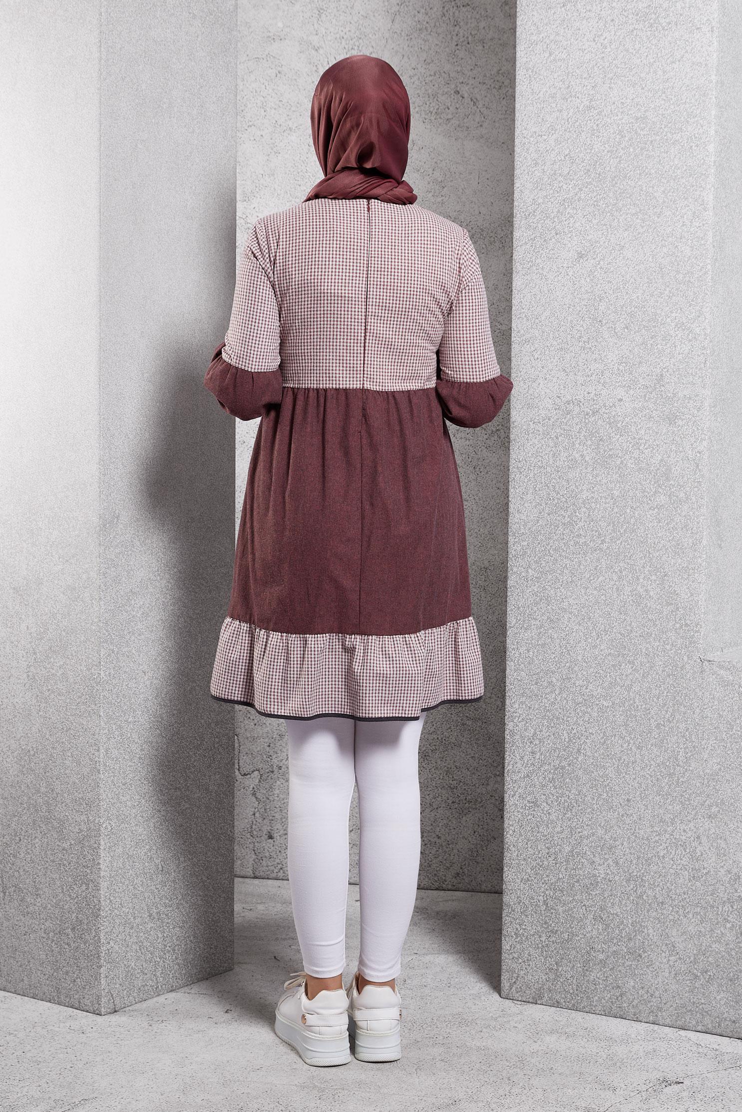 Vêtements hijab ROUGE BORDEAUX TUNIQUE EN VICHY À COL NOUÉ 4593 