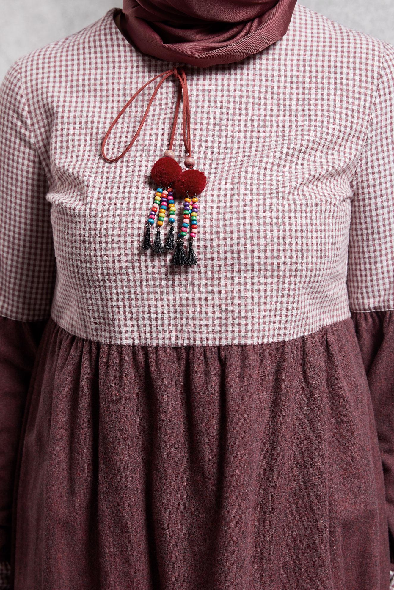 Vêtements hijab ROUGE BORDEAUX TUNIQUE EN VICHY À COL NOUÉ 4593 