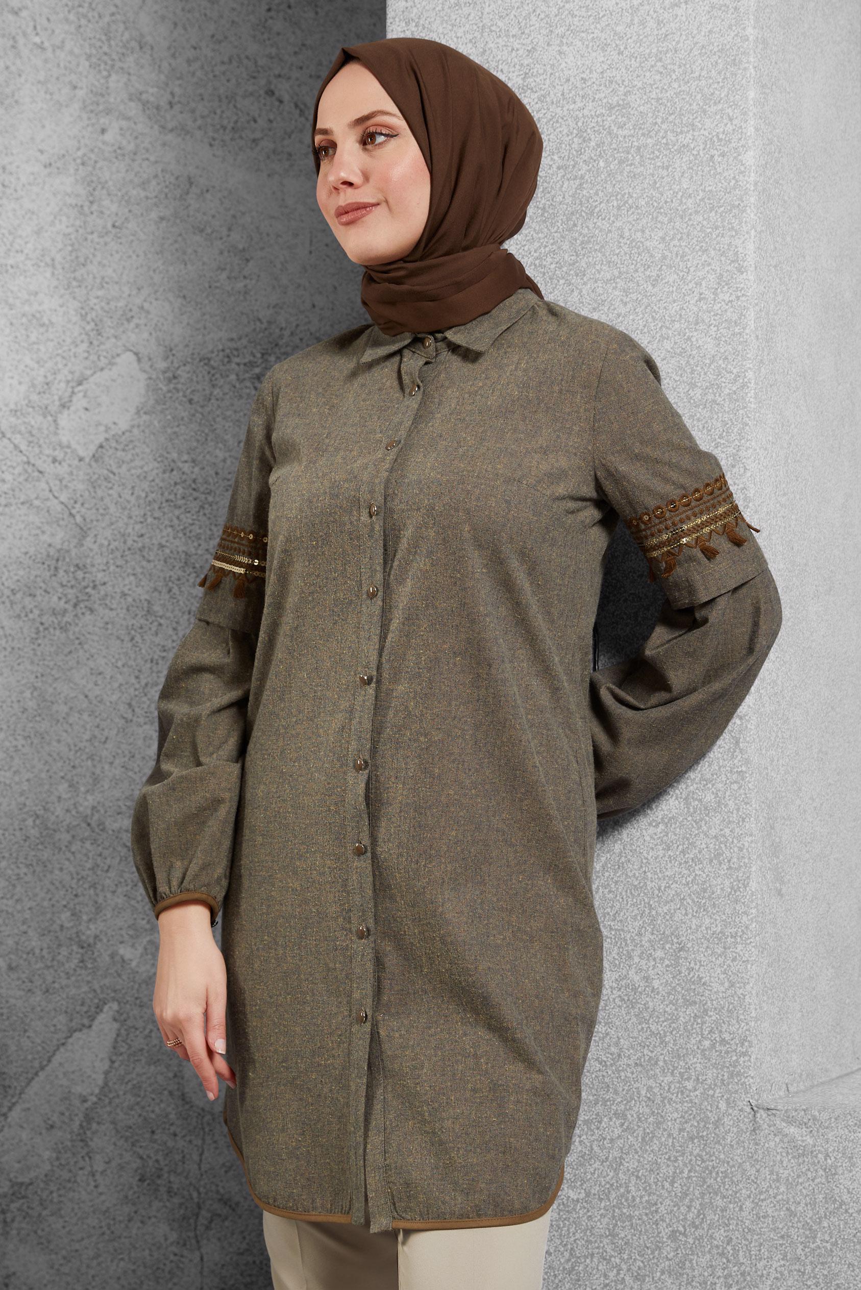 Tesettür giyim KAHVE KOLLARI NAKIŞ DETAYLI PAMUKLU TUNİK 4599 