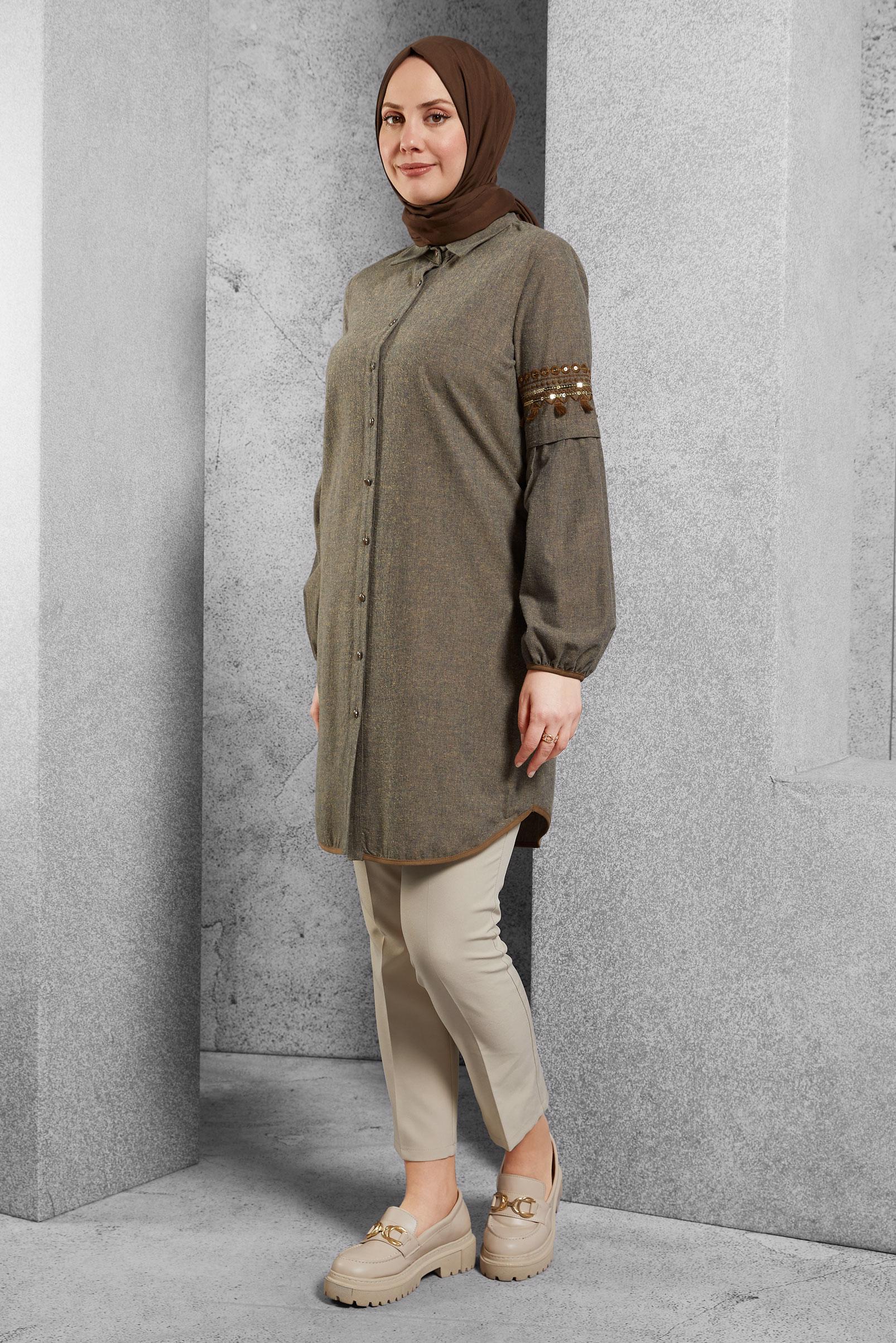 Tesettür giyim KAHVE KOLLARI NAKIŞ DETAYLI PAMUKLU TUNİK 4599 