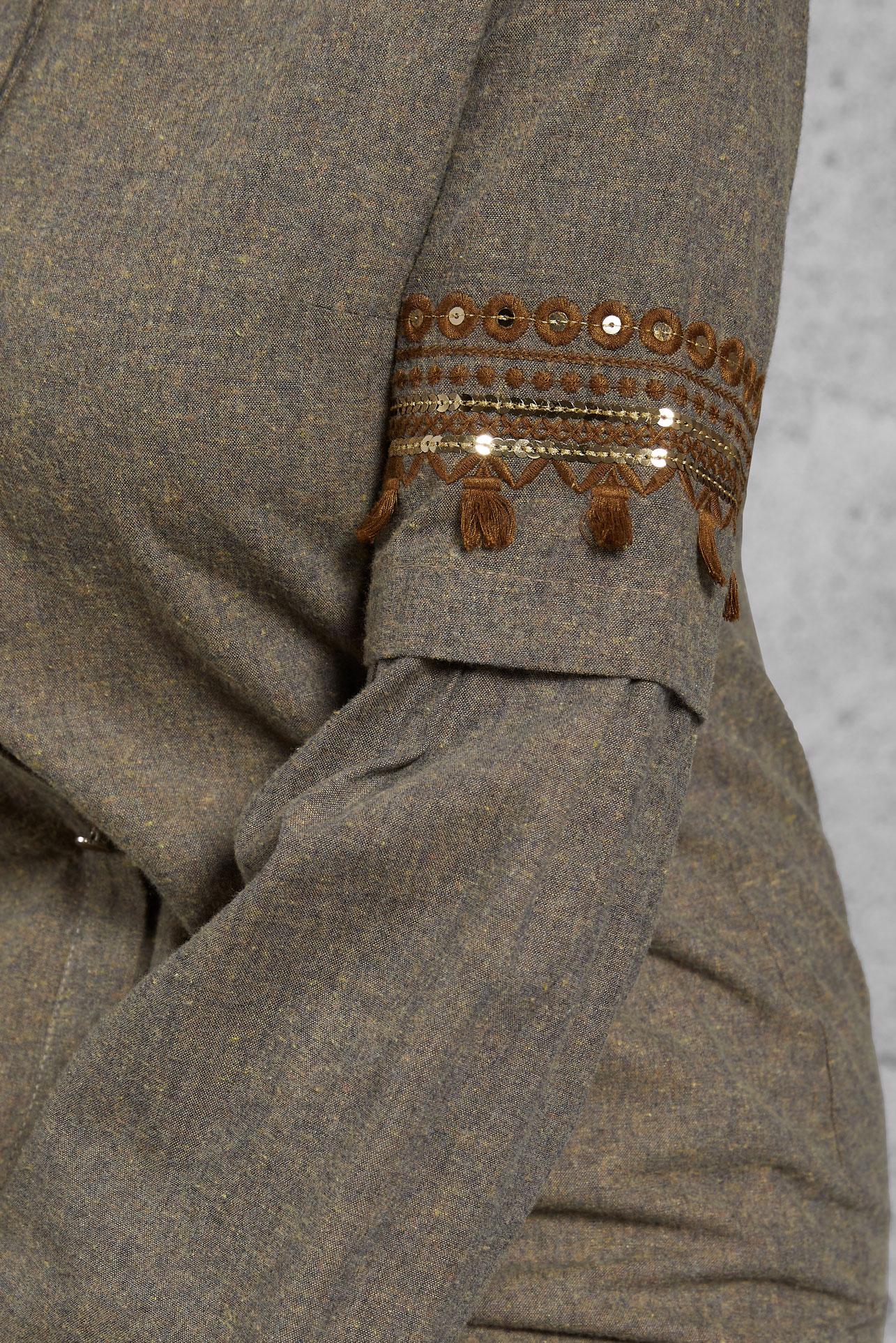 Tesettür giyim KAHVE KOLLARI NAKIŞ DETAYLI PAMUKLU TUNİK 4599 