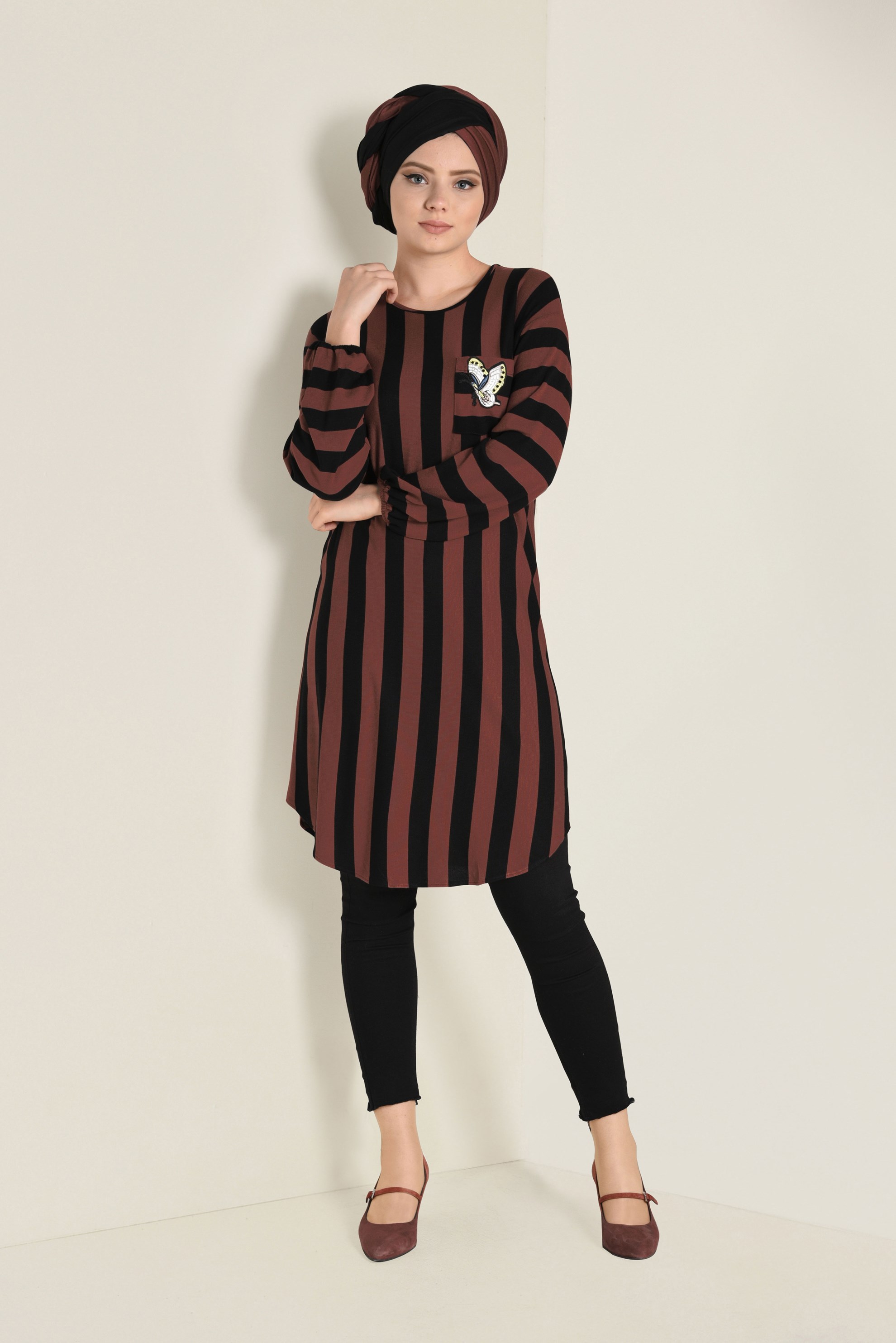 Tesettür giyim TABA CEBİ ARMA DETAYLI BİSİKLET YAKA ÇİZGİLİ TUNİK 4616 