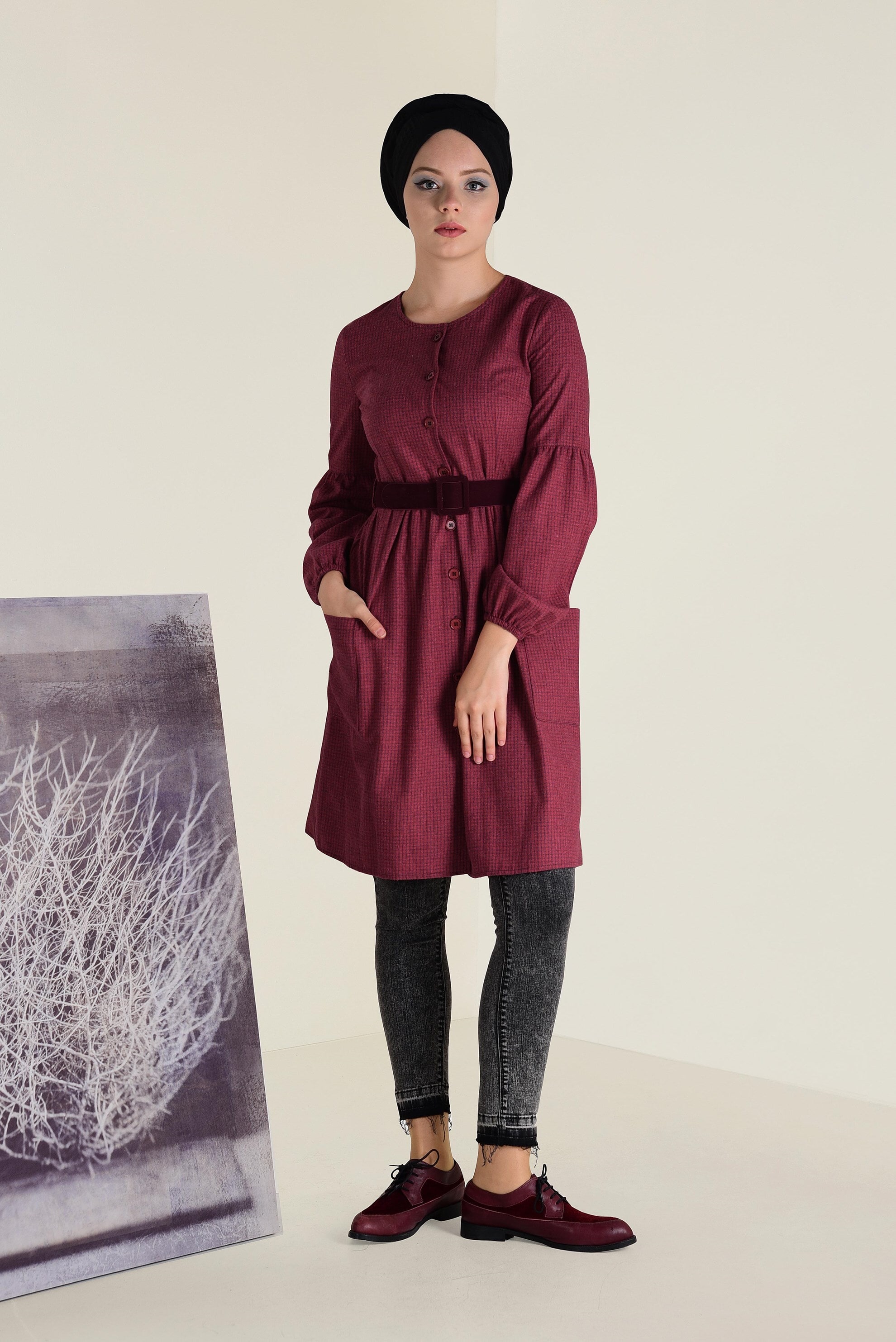 Tesettür giyim KIRMIZI KARELİ KEMERLİ TUNİK 4617 