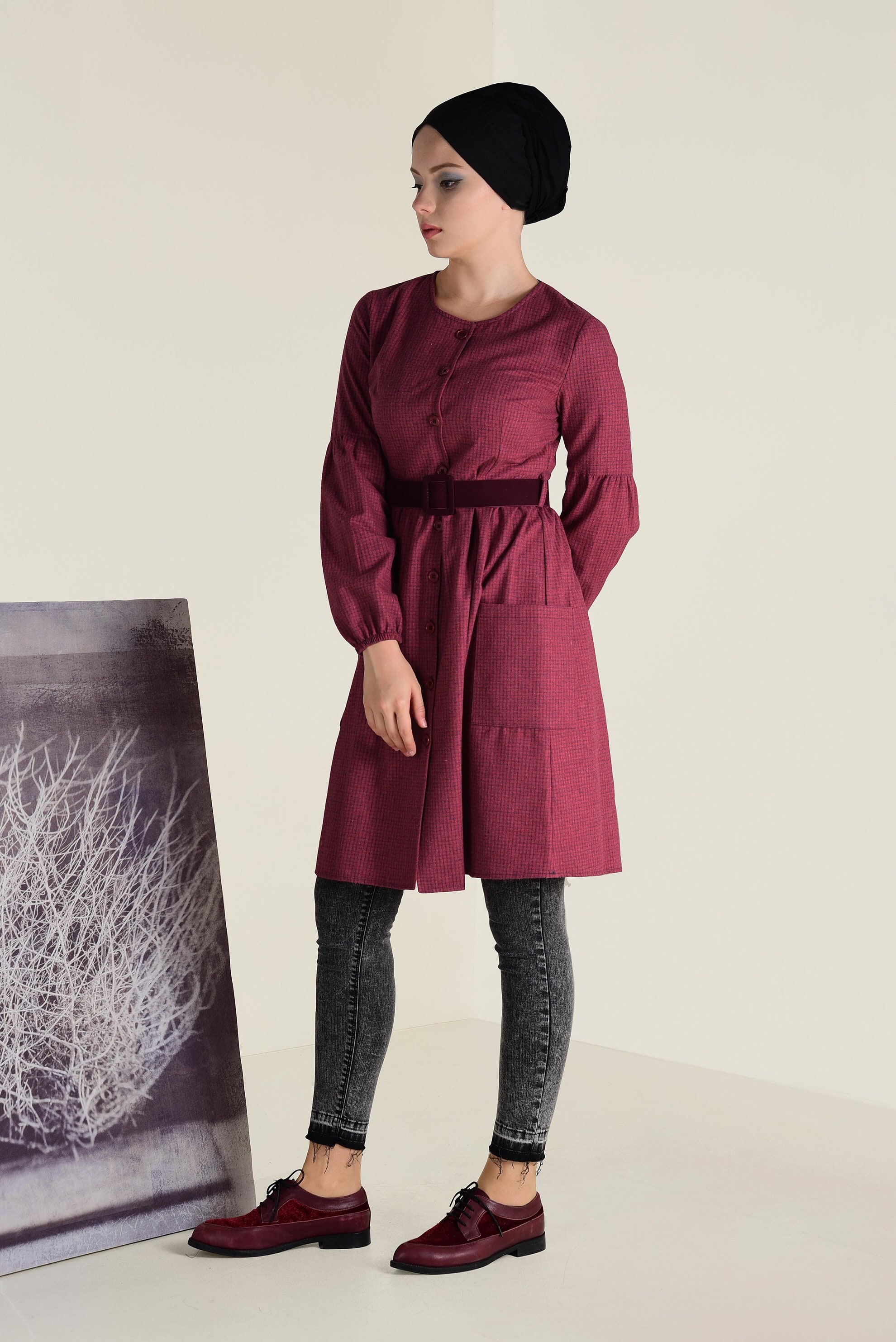 Tesettür giyim KIRMIZI KARELİ KEMERLİ TUNİK 4617 