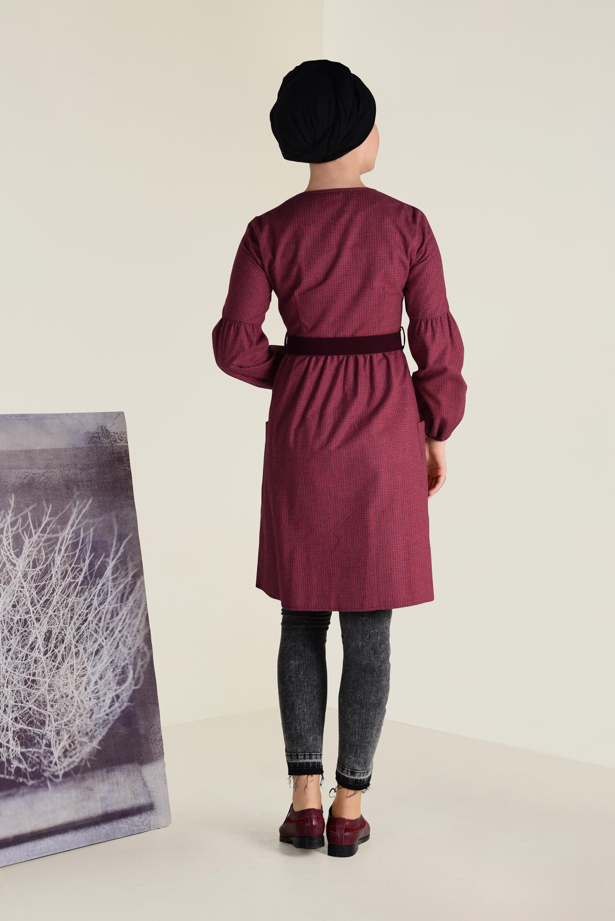 Tesettür giyim KIRMIZI KARELİ KEMERLİ TUNİK 4617 