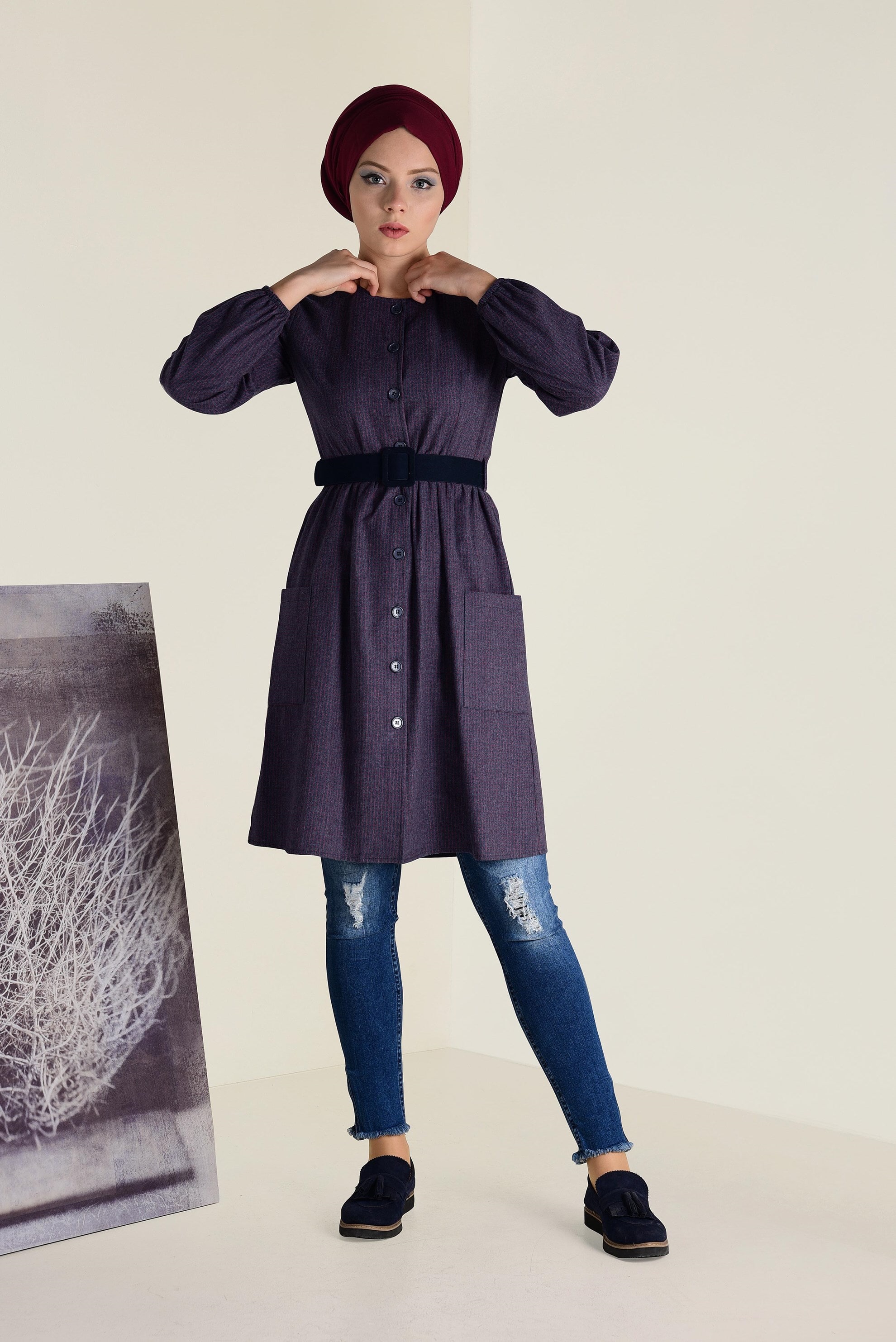 Tesettür giyim LACİVERT KARELİ KEMERLİ TUNİK 4617 