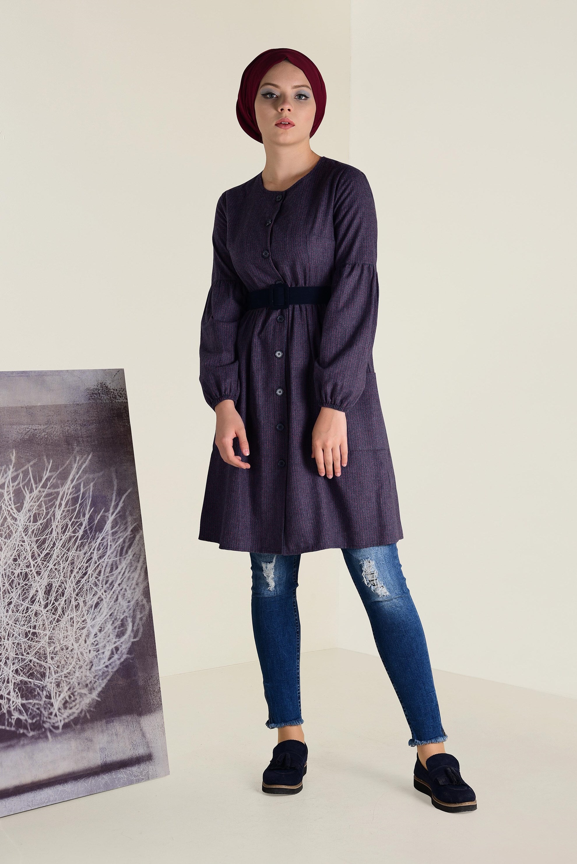 Tesettür giyim LACİVERT KARELİ KEMERLİ TUNİK 4617 