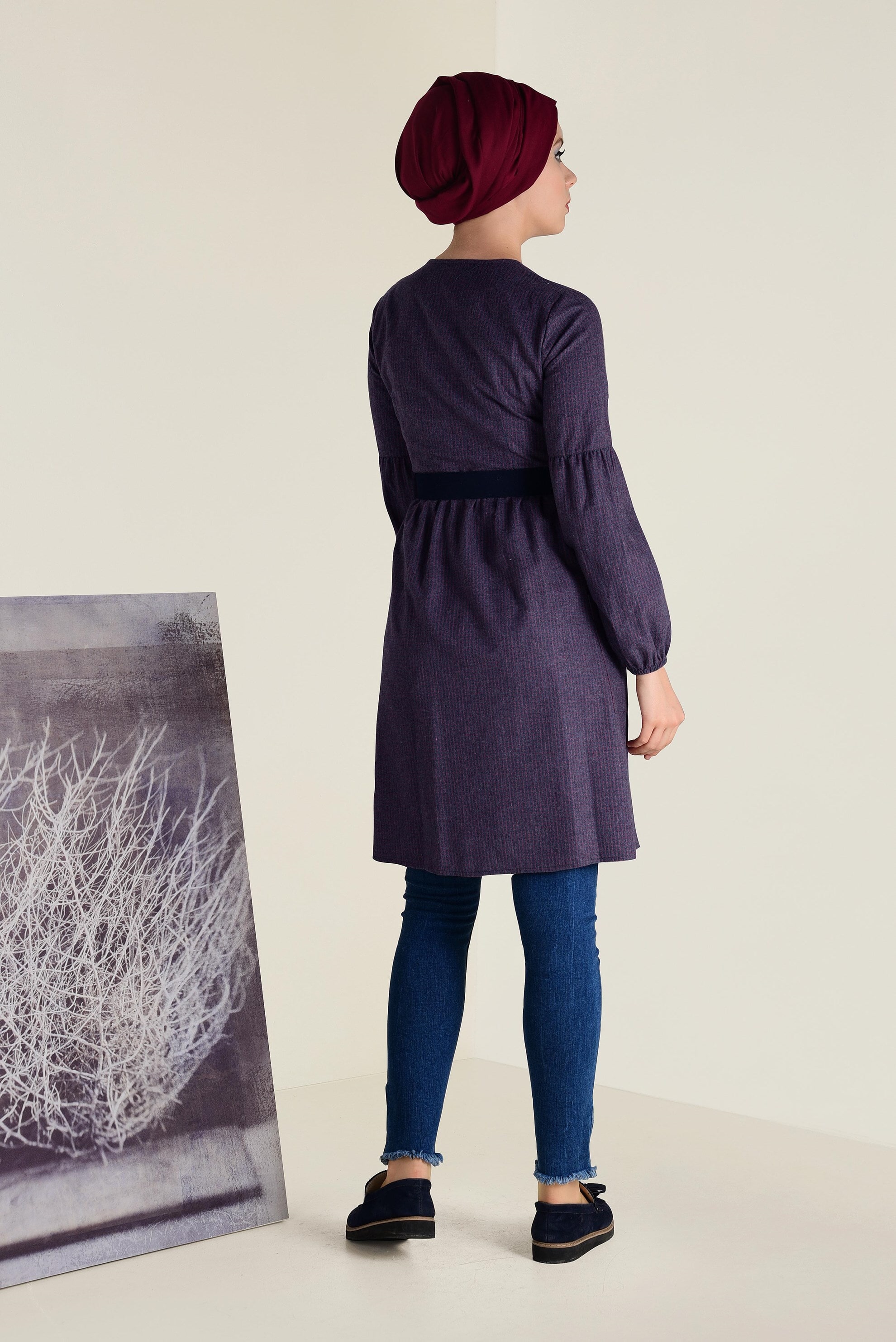 Tesettür giyim LACİVERT KARELİ KEMERLİ TUNİK 4617 