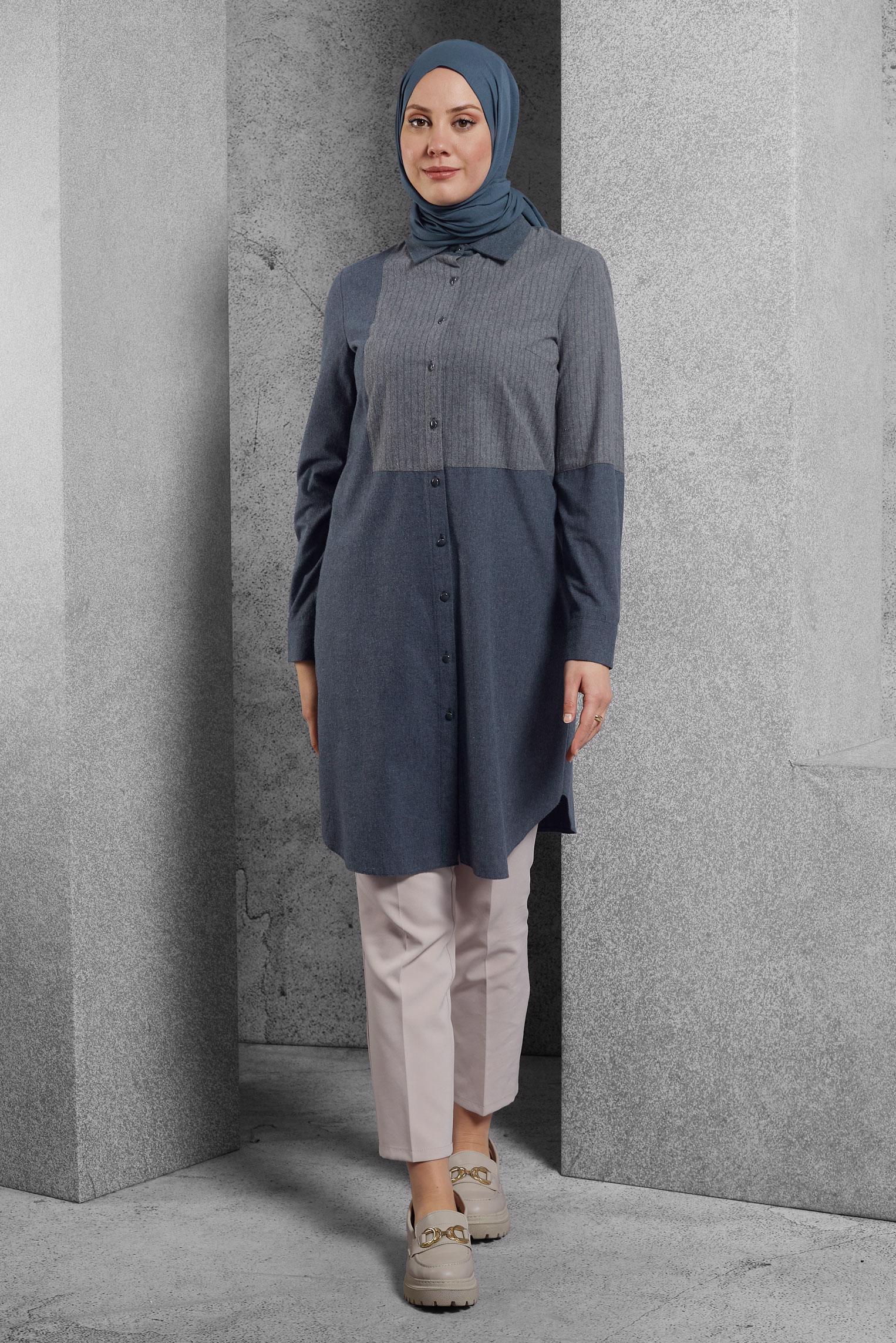 Tesettür giyim GRİ GÖMLEK YAKA TUNİK 4618