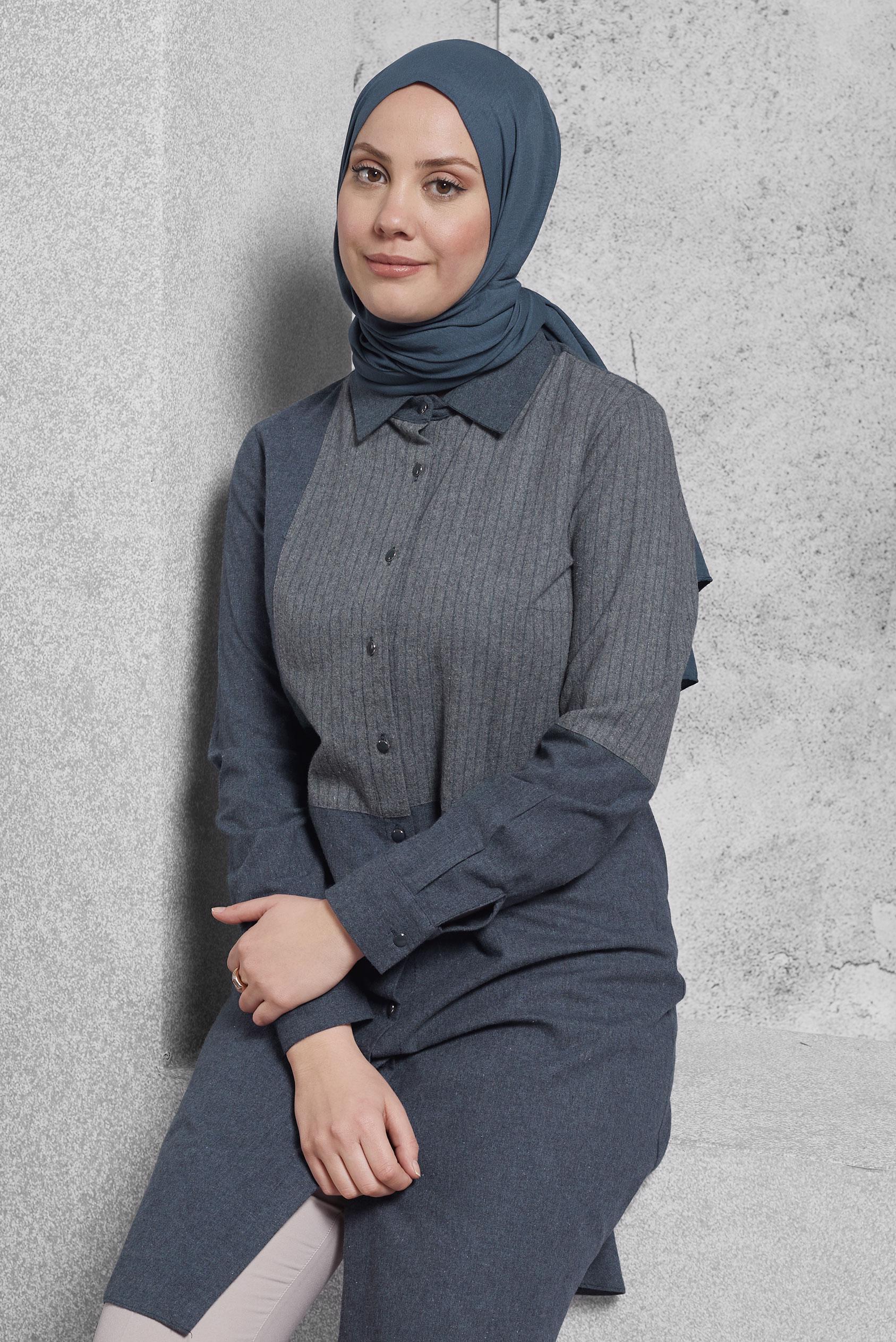 Tesettür giyim GRİ GÖMLEK YAKA TUNİK 4618