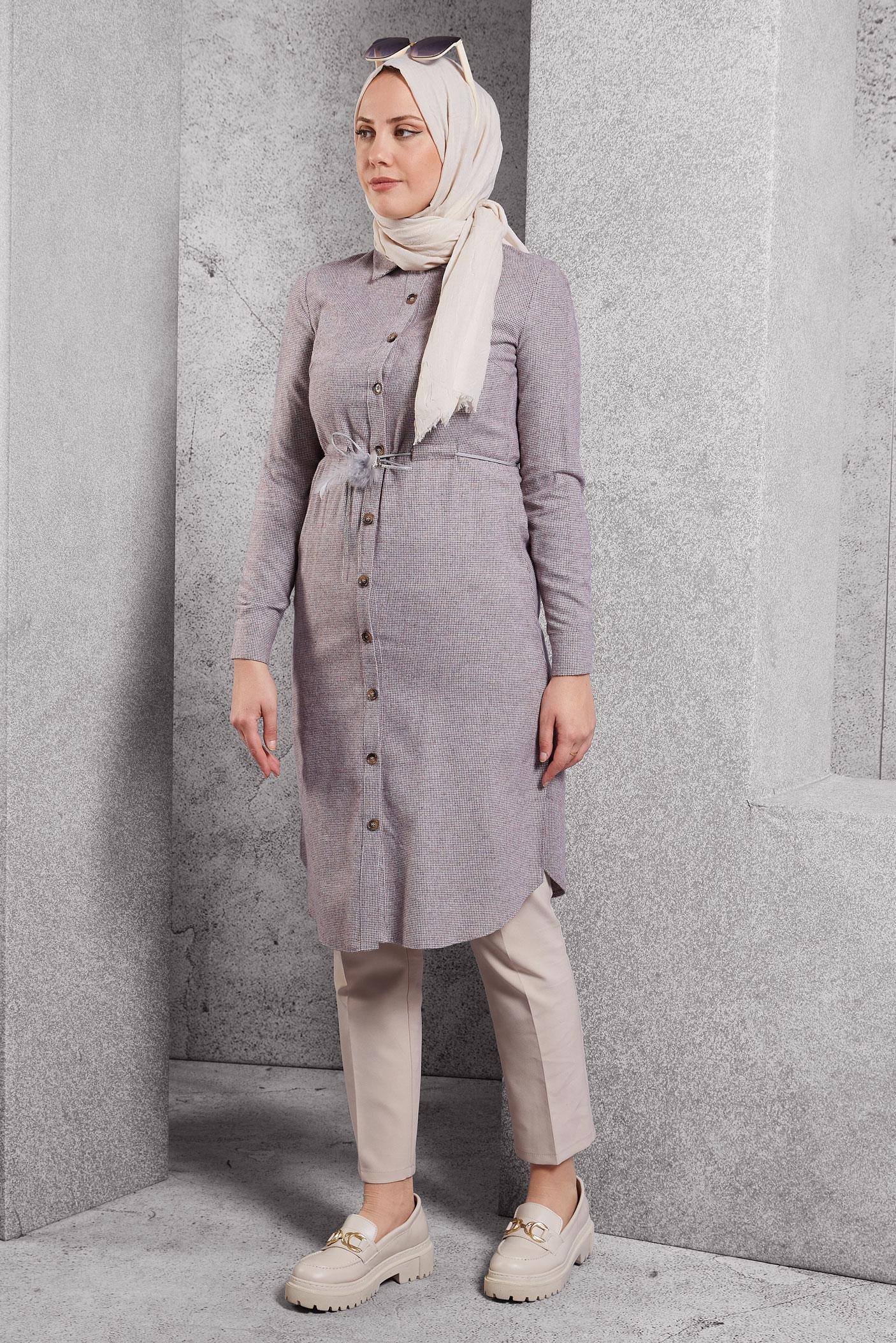 Tesettür giyim GRİ BELDEN BAĞCIKLI KARELİ TUNİK 4622