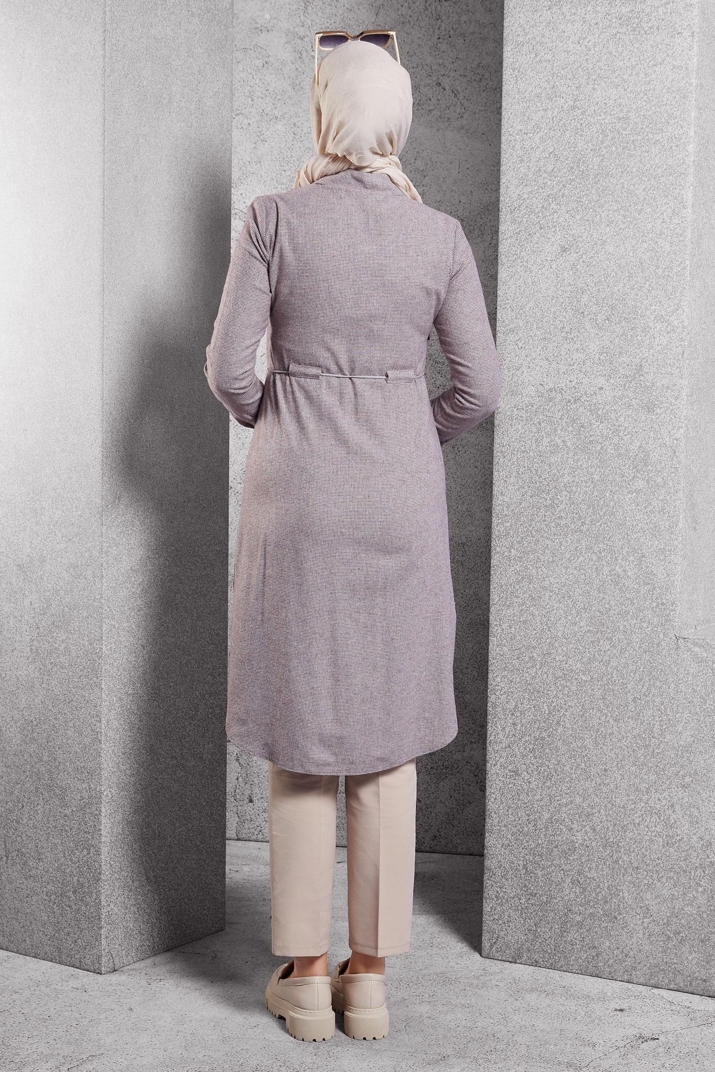 Tesettür giyim GRİ BELDEN BAĞCIKLI KARELİ TUNİK 4622