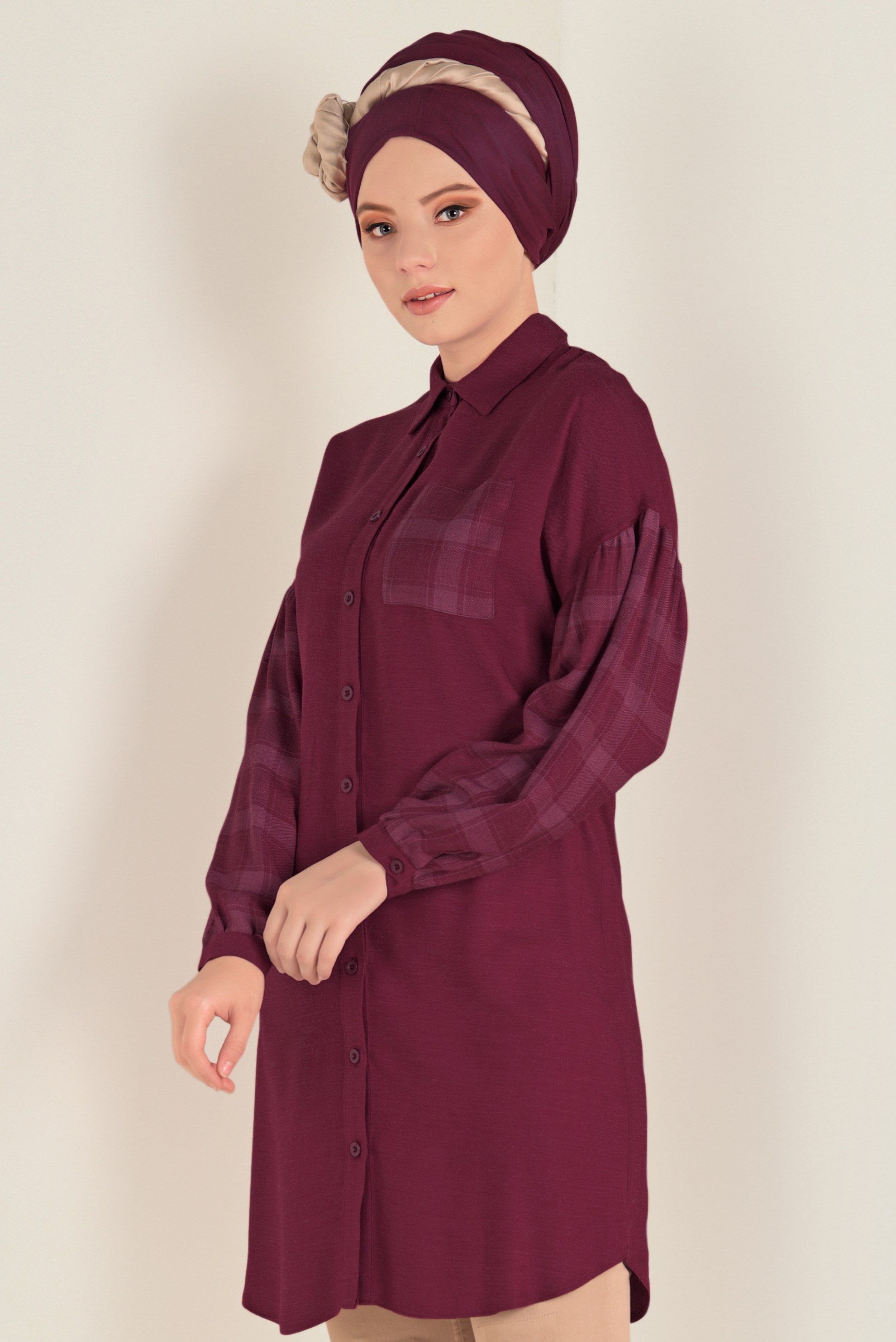 Tesettür giyim BORDO KOLLARI EKOSE DESENLİ TUNİK 4625 